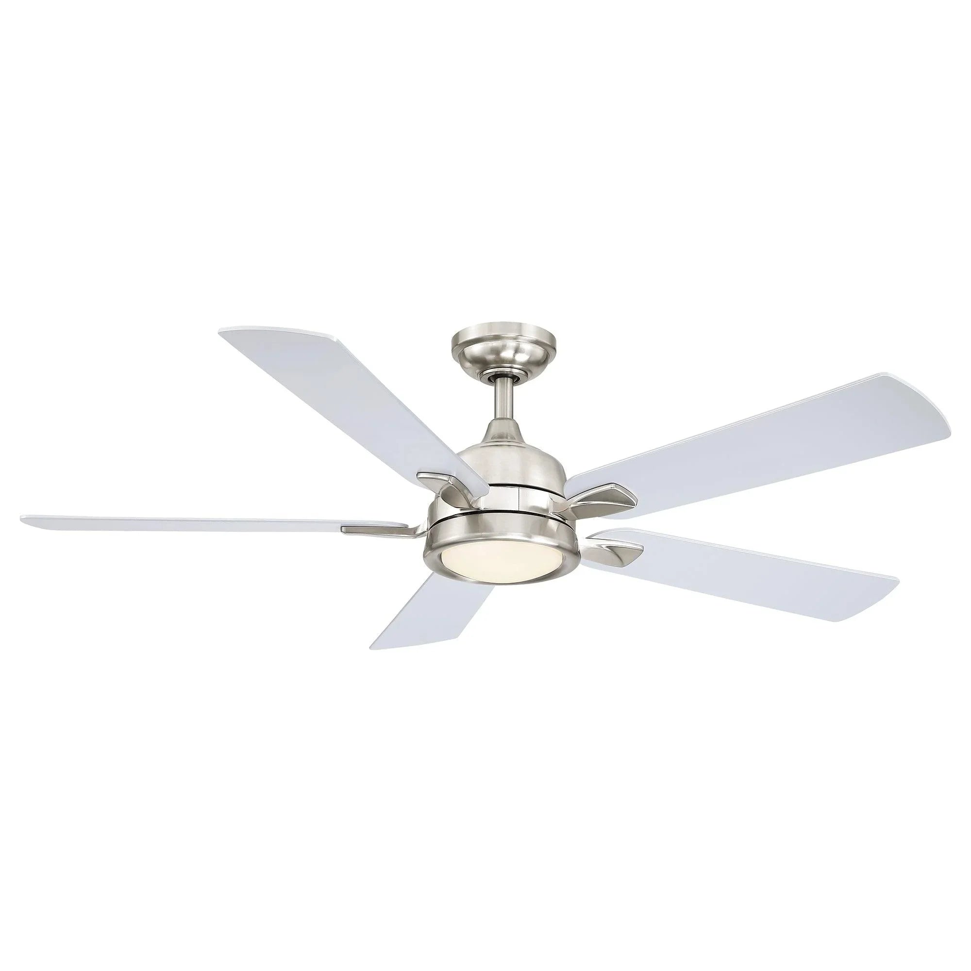 Brush Nickel industrial ceiling fan with five white blades and round light