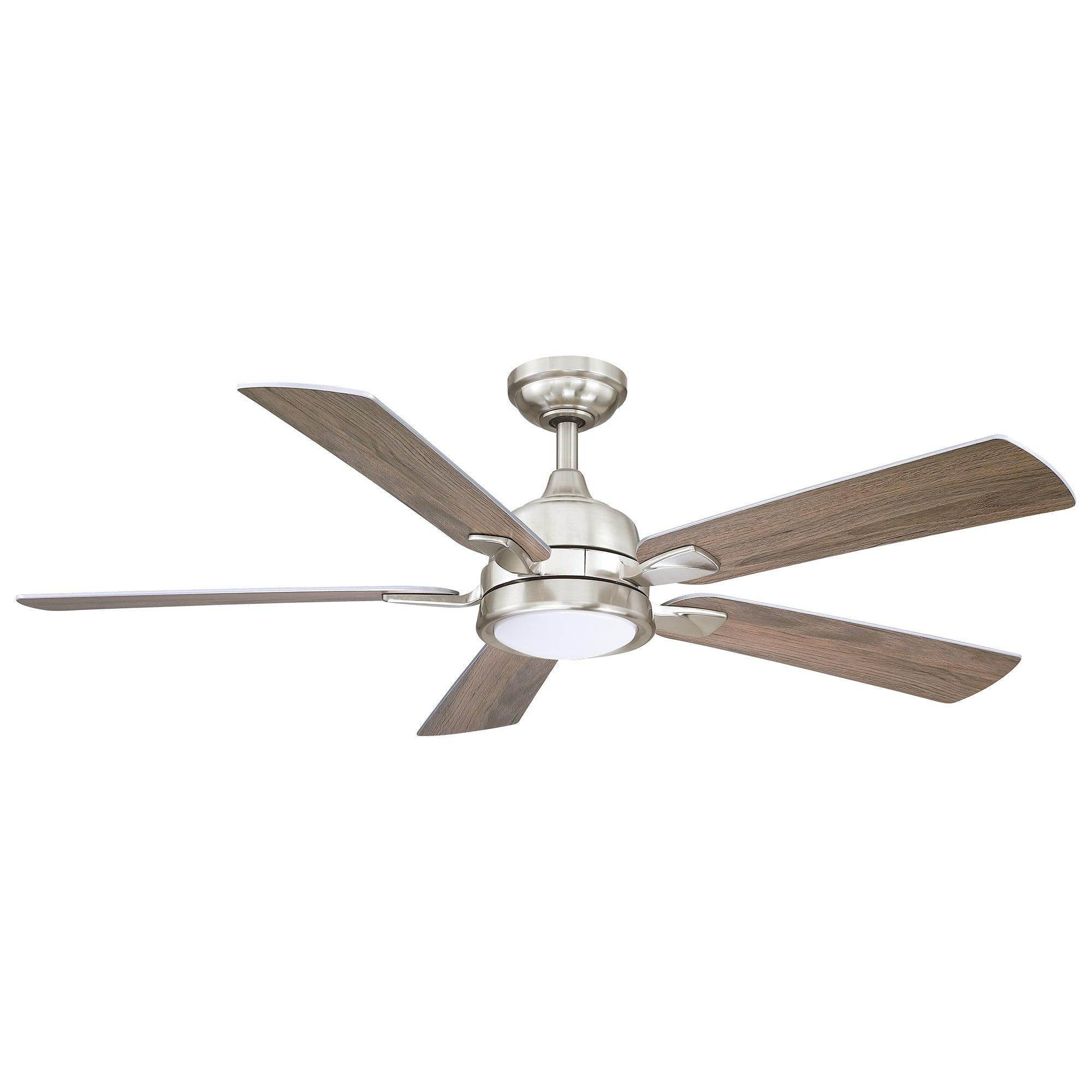 Brush Nickel industrial ceiling fan with wood-grain blades and integrated light