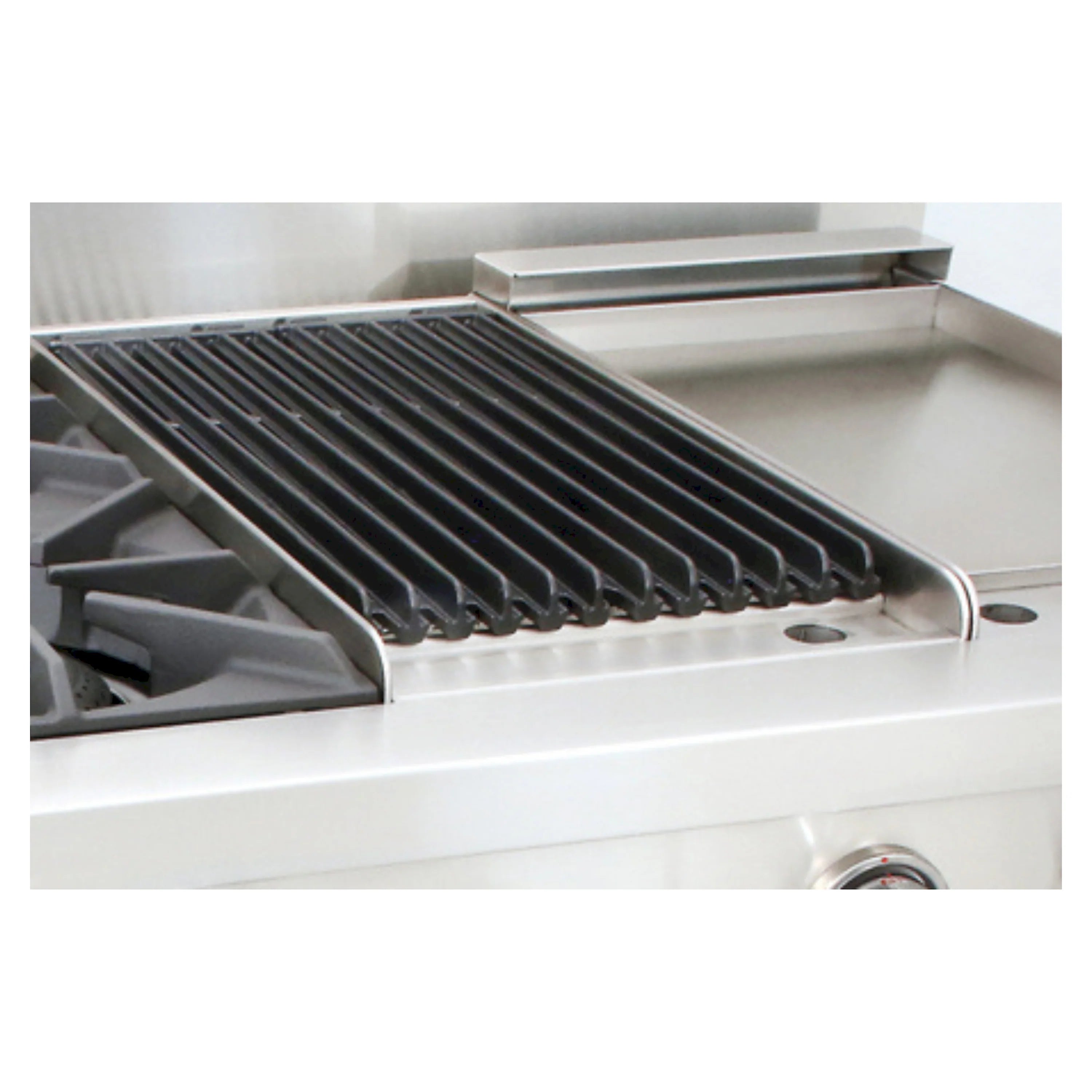 Stainless steel grill section with ridged grates and front controls