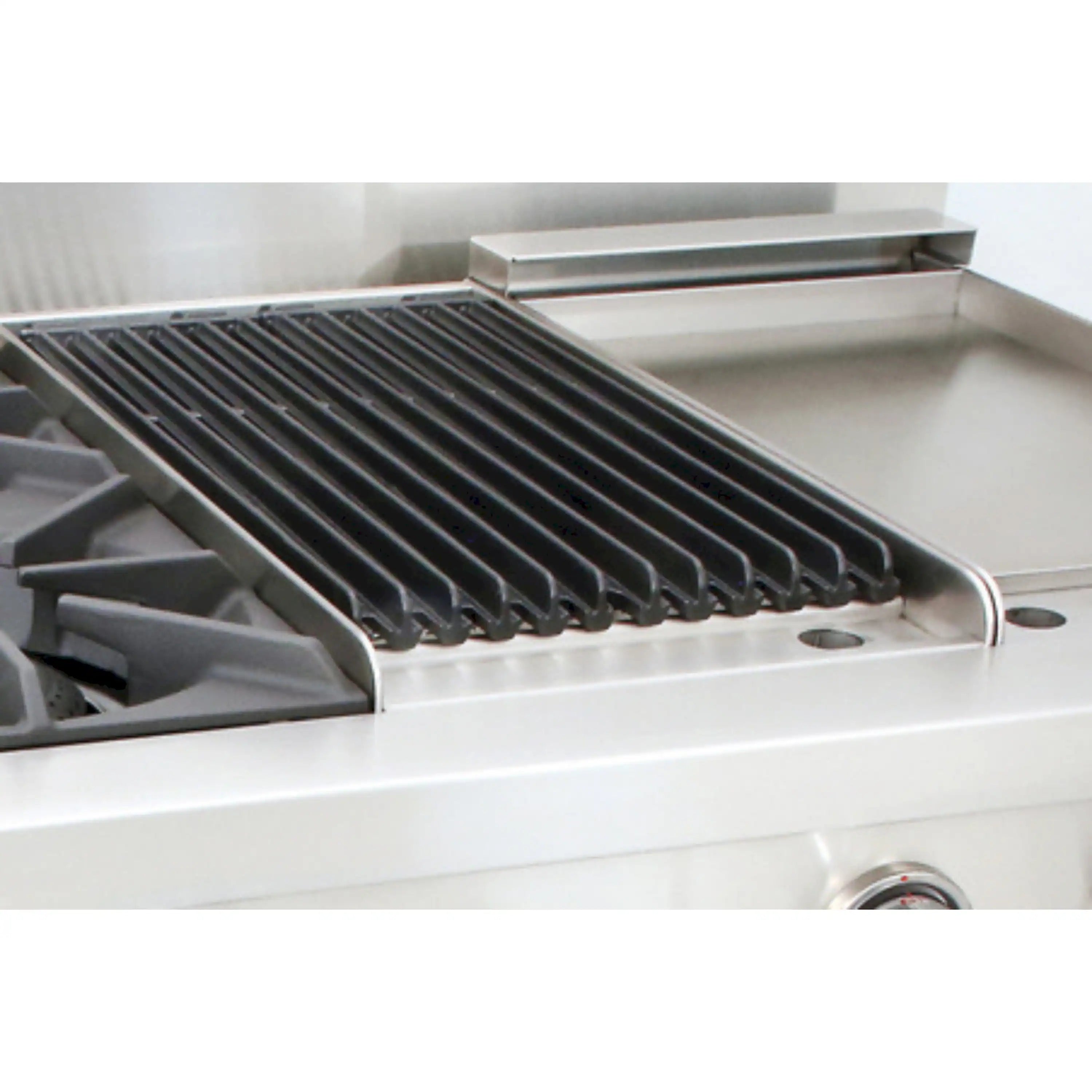 Stainless steel gas cooktop griddle with ridged grill plate and control knob