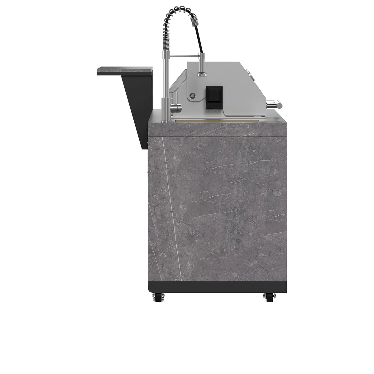 Outdoor BBQ grill side view with arched faucet over gray stone cabinet body