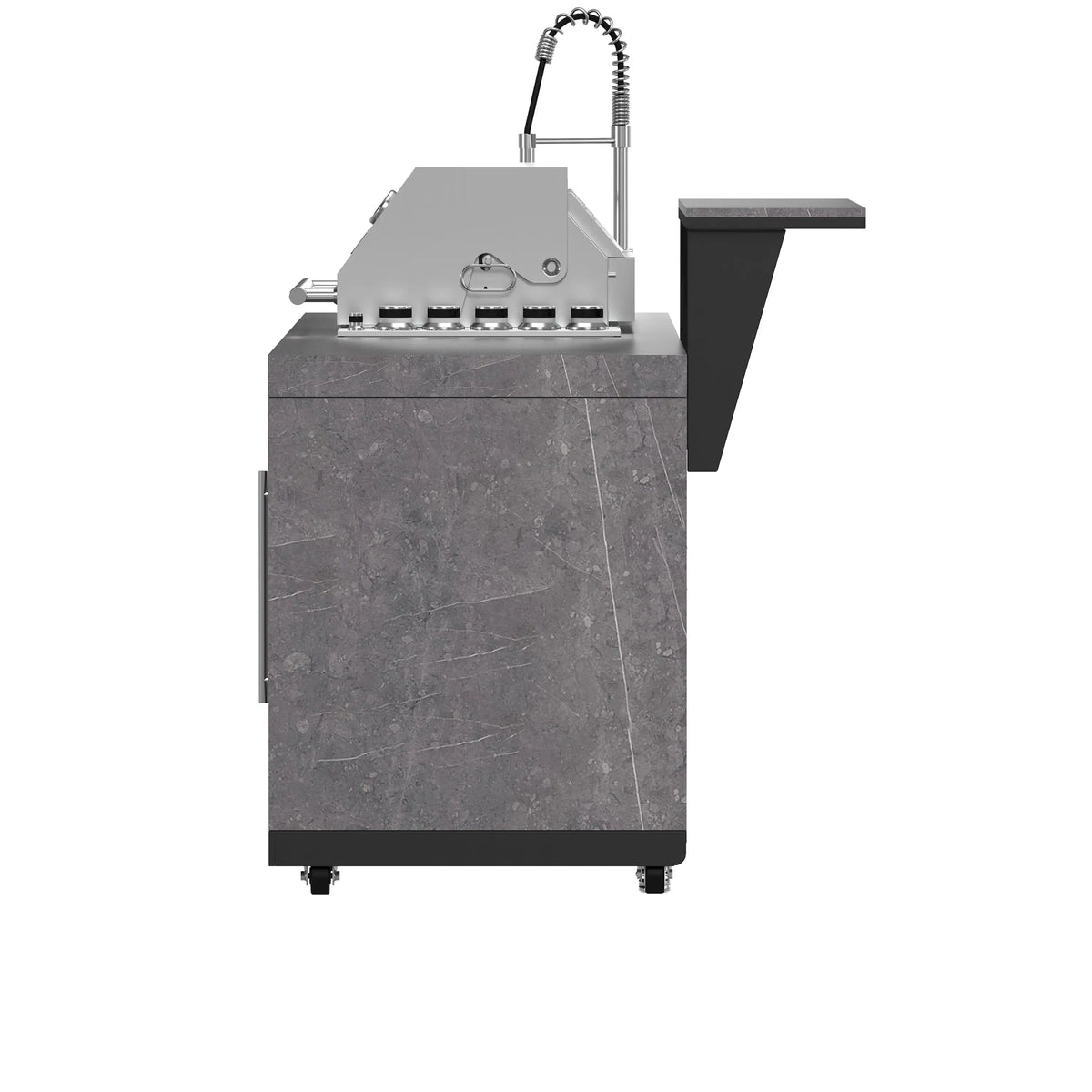 Outdoor BBQ grill back view with rear burner controls and rotisserie stand