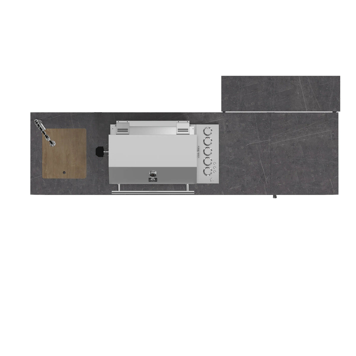 Outdoor kitchen grill island with countertop and integrated cooking module on a side view