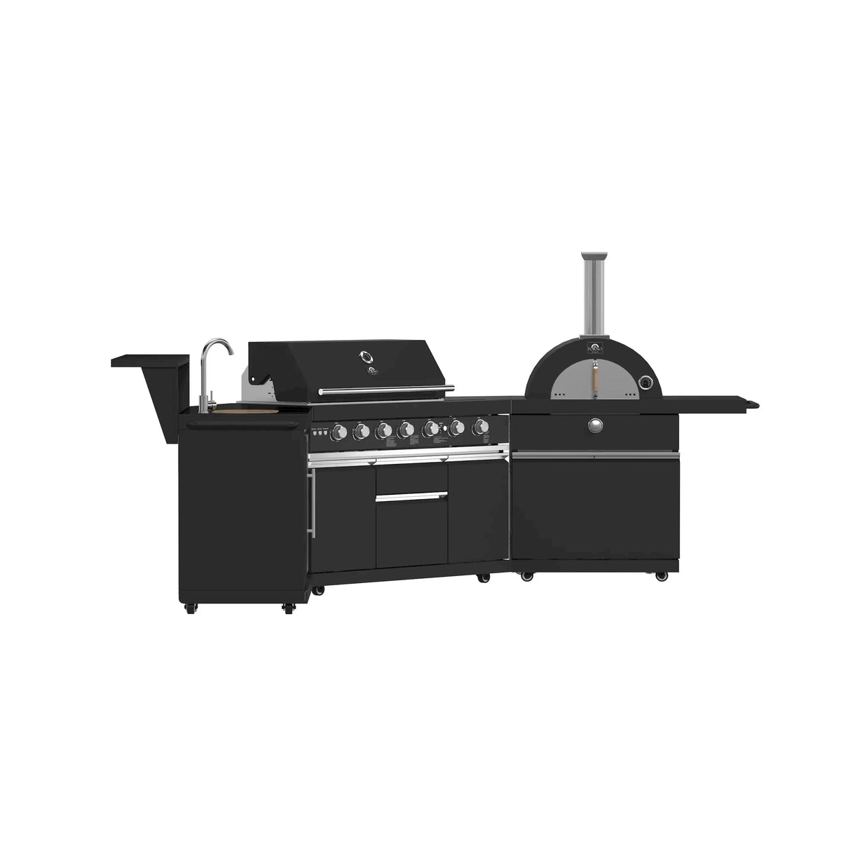 Black outdoor kitchen BBQ grill with storage doors and pizza oven dome, side view