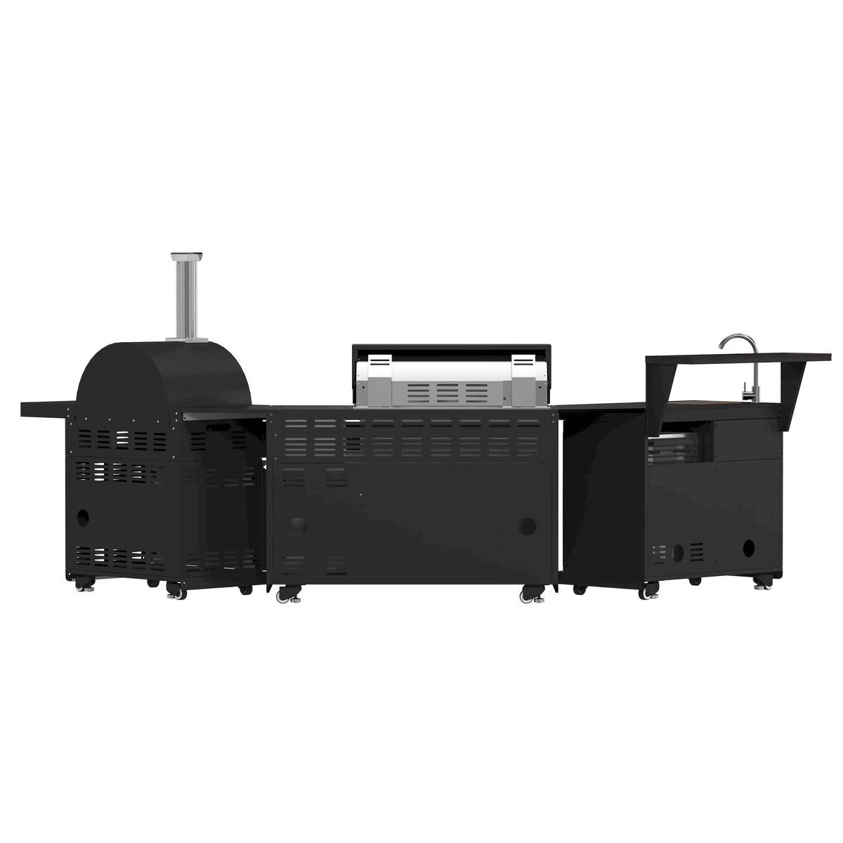 Black outdoor grill with pizza oven dome and side burner, rear view