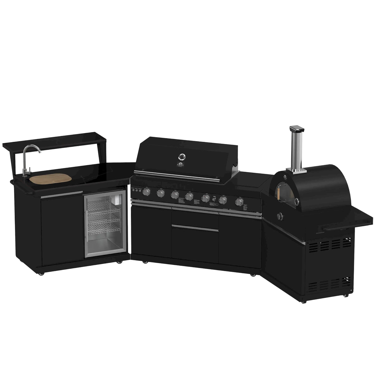 Black outdoor kitchen grill with side sink, grill hood, and pizza oven-style dome