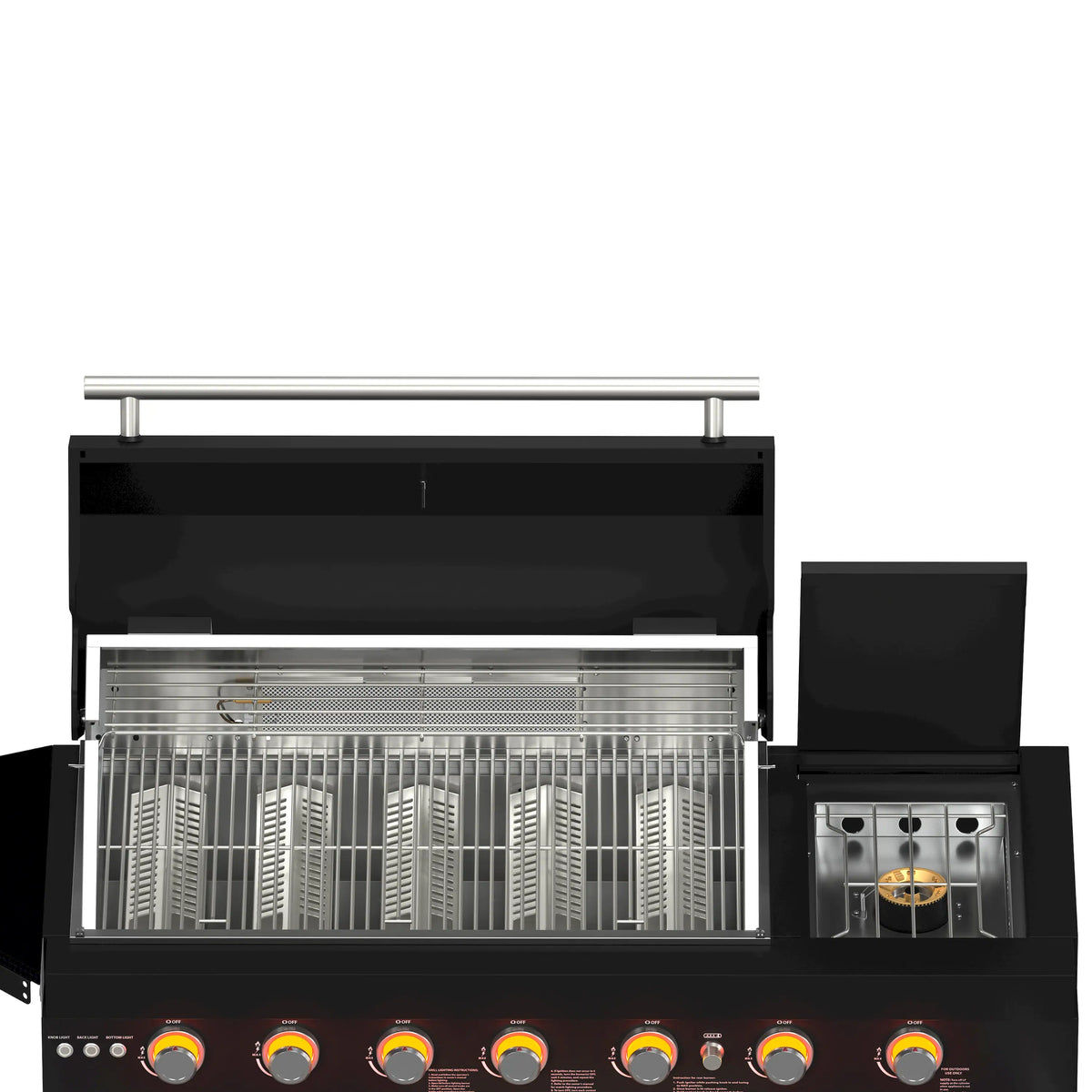 Black outdoor gas grill with open hood and visible stainless cooking grates, side burner
