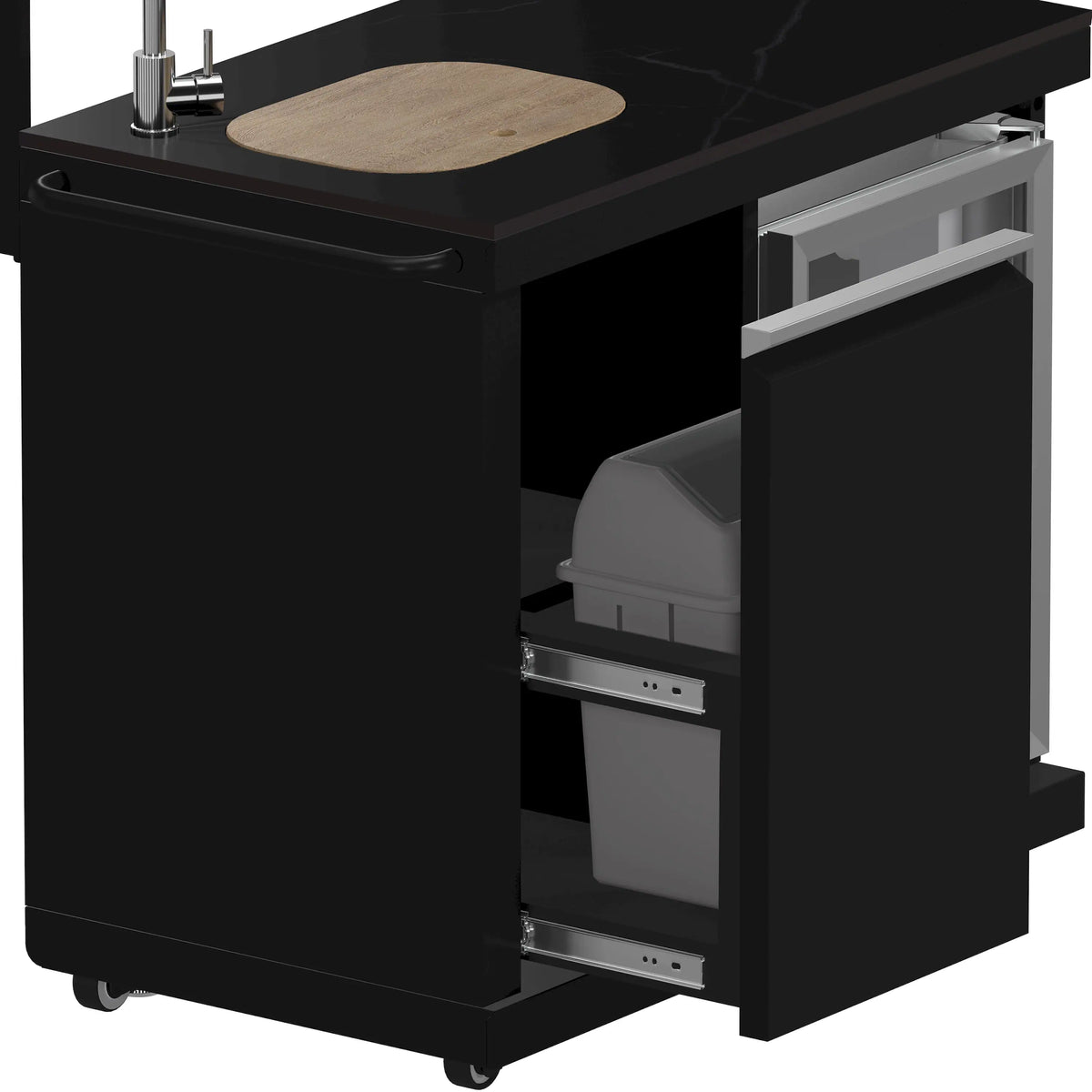 Black outdoor kitchen module with open storage and slide-out drawer under countertop
