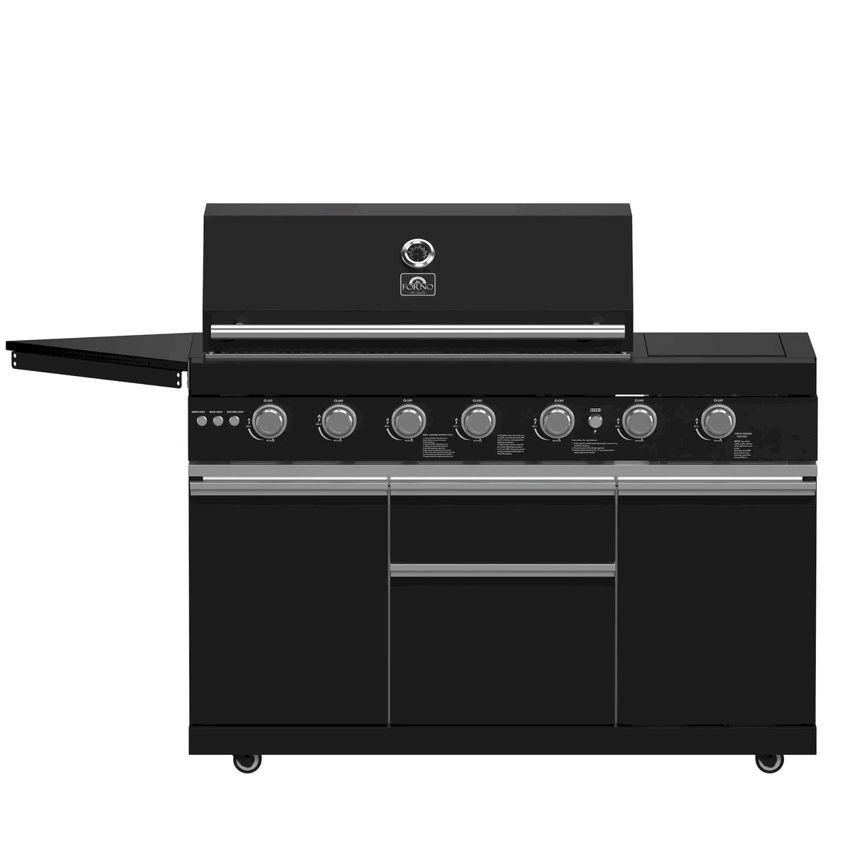 Black BBQ grill with control knobs, stainless warming rack, closed front cabinet