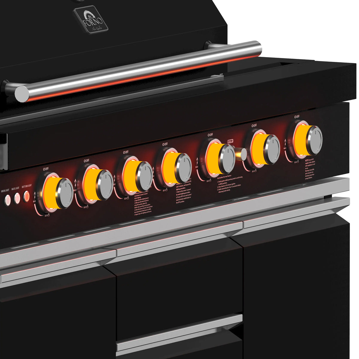 Black outdoor gas grill control panel with multiple orange knob dials and burner lights