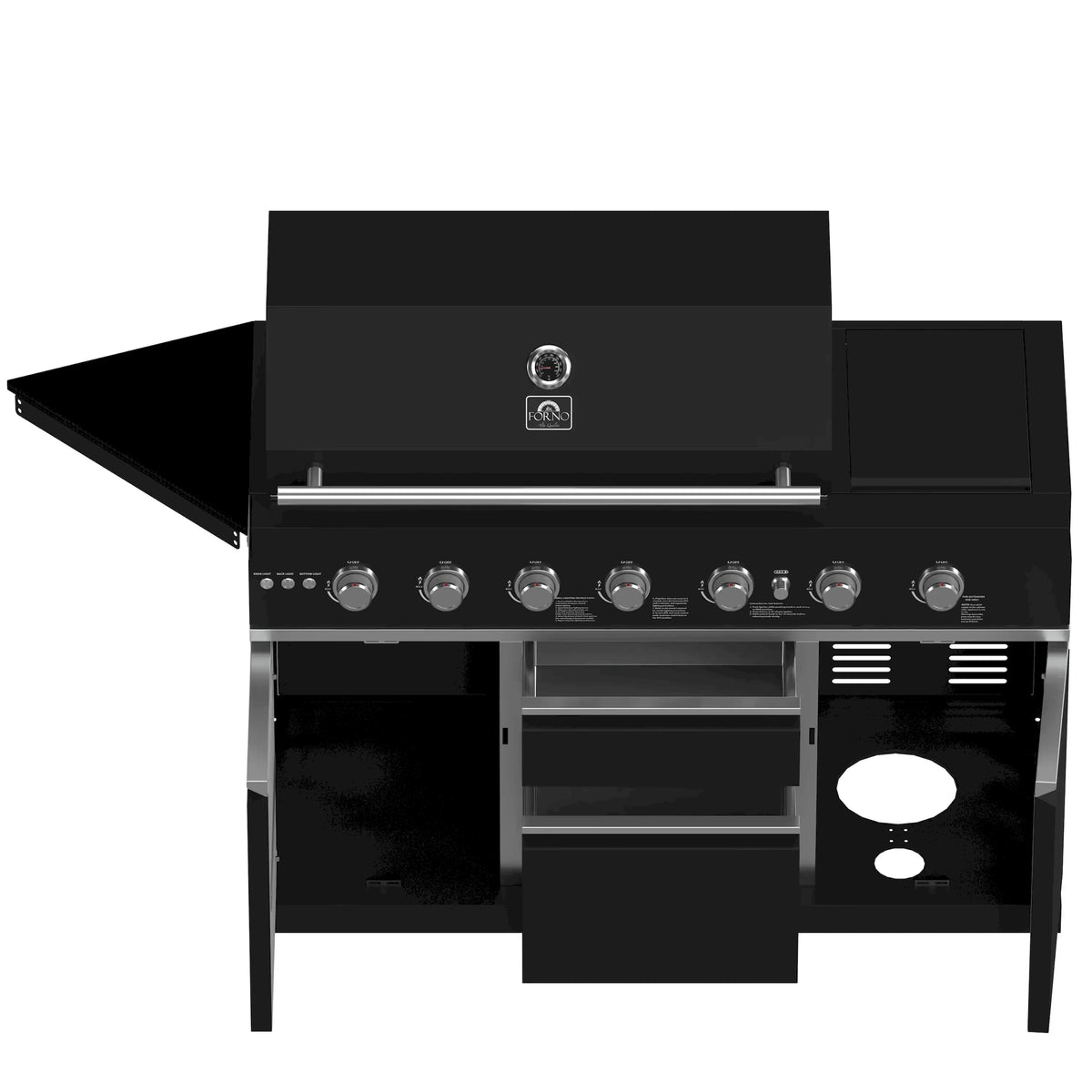 Black gas grill with control knobs, open access doors, and interior warming shelf