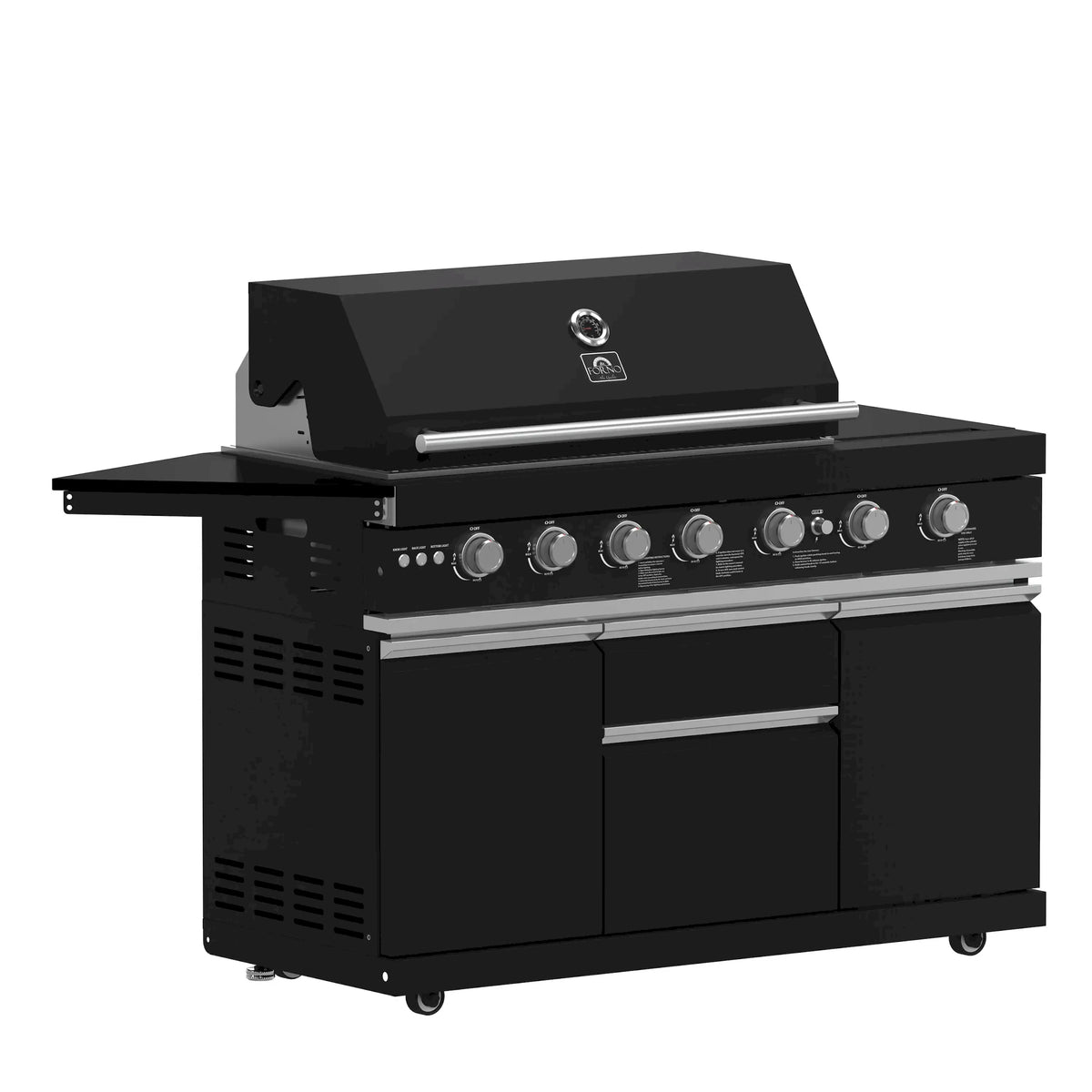 Black gas grill cart with side panels, control knobs, and closed storage doors