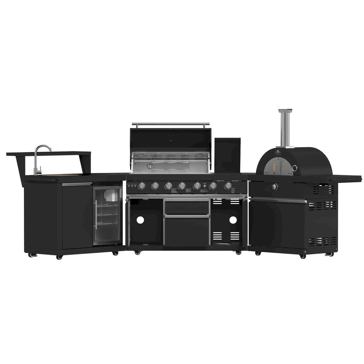 Side view of black outdoor kitchen set with open grills, sink module, and pizza oven