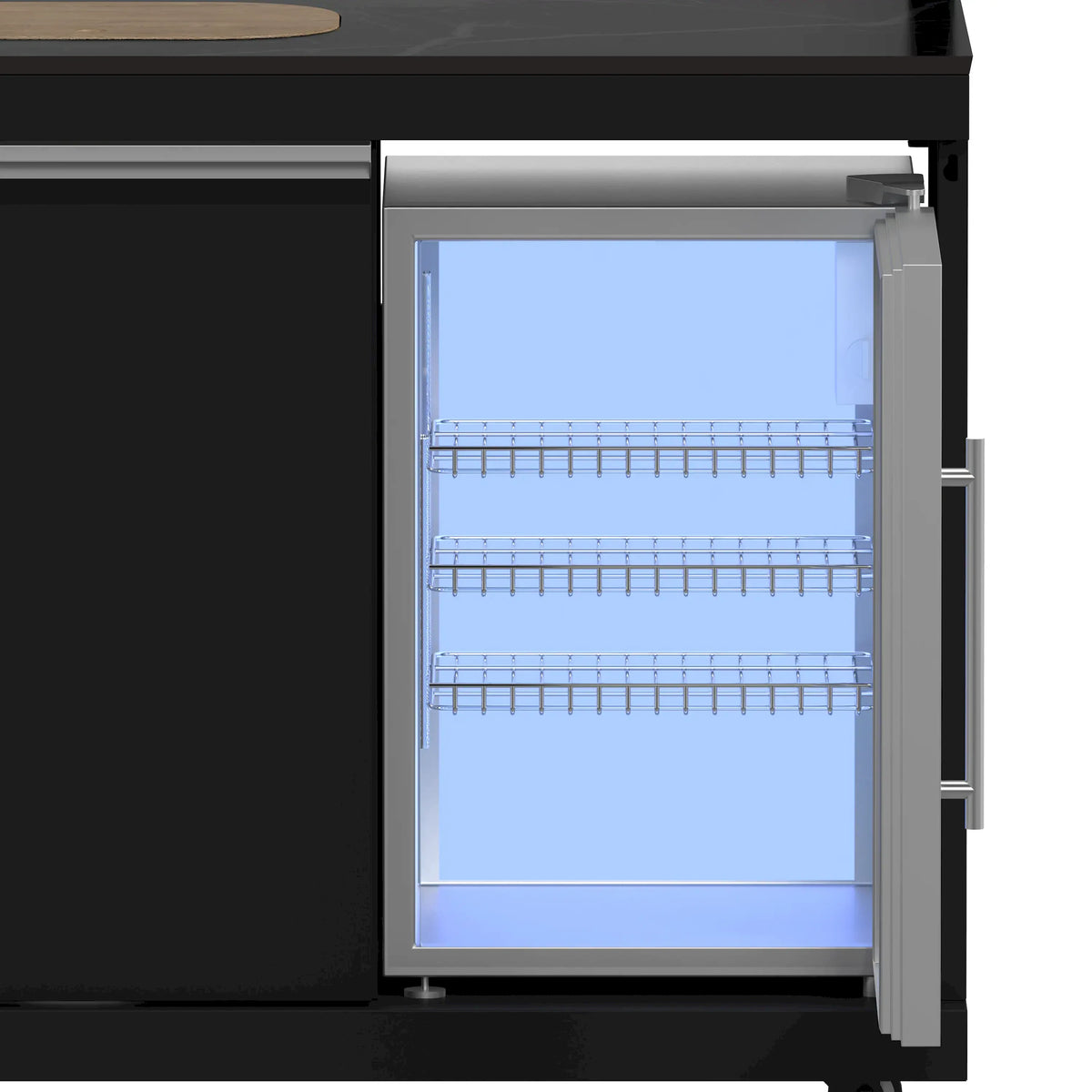 Open pizza oven door showing interior wire racks inside the black oven chamber