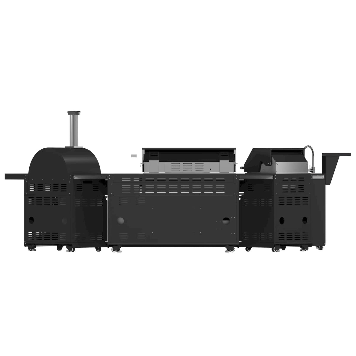 Black outdoor gas barbecue grill cart with multiple burners and side cooktop modules