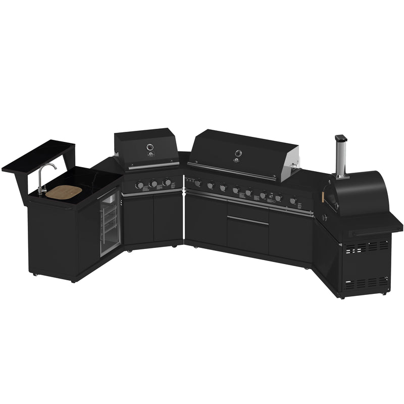 Forno All'Aperto Outdoor Kitchen Set with  99,600 BTU BBQ with 5 Stainless-Steel Burners, Infrared Burners & Side Burner, Plancha, Gas Pizza Oven, Sink & Bar Module with Black Sintered Stone Countertops (FODKT2568BLK)