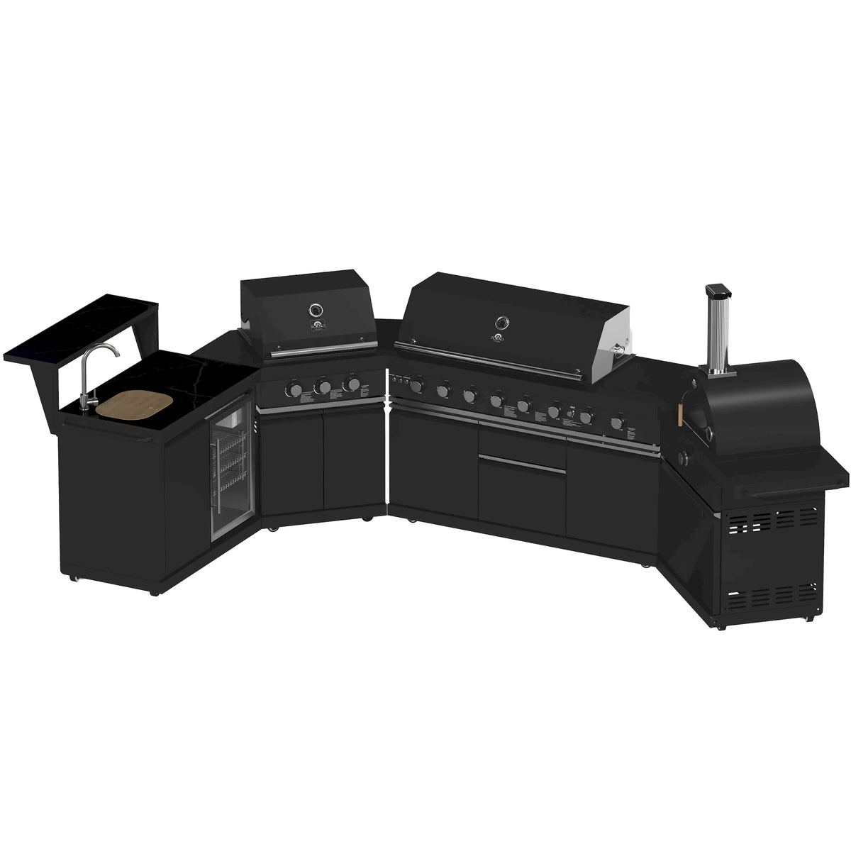 Black outdoor gas grill with side prep modules and stainless control panel