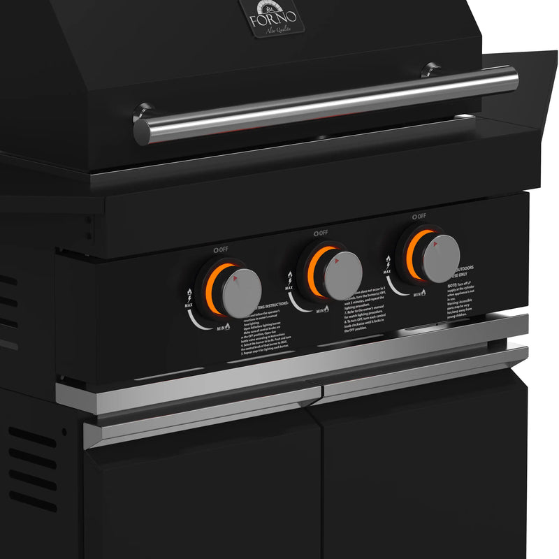 Forno All'Aperto Outdoor Kitchen Set with  99,600 BTU BBQ with 5 Stainless-Steel Burners, Infrared Burners & Side Burner, Plancha, Gas Pizza Oven, Sink & Bar Module with Black Sintered Stone Countertops (FODKT2568BLK)