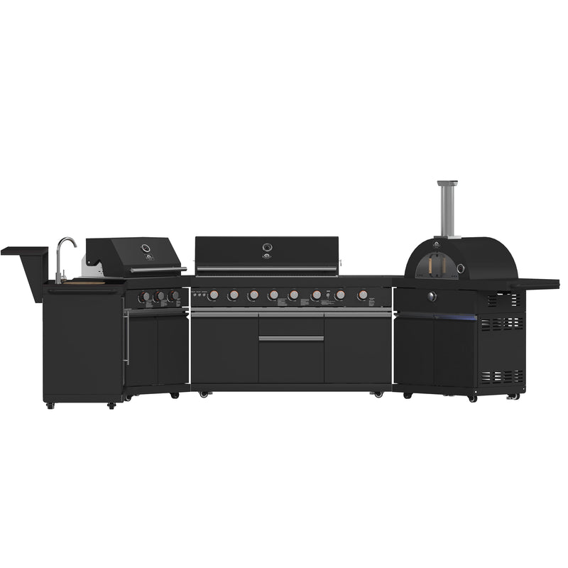 Forno All'Aperto Outdoor Kitchen Set with  99,600 BTU BBQ with 5 Stainless-Steel Burners, Infrared Burners & Side Burner, Plancha, Gas Pizza Oven, Sink & Bar Module with Black Sintered Stone Countertops (FODKT2568BLK)