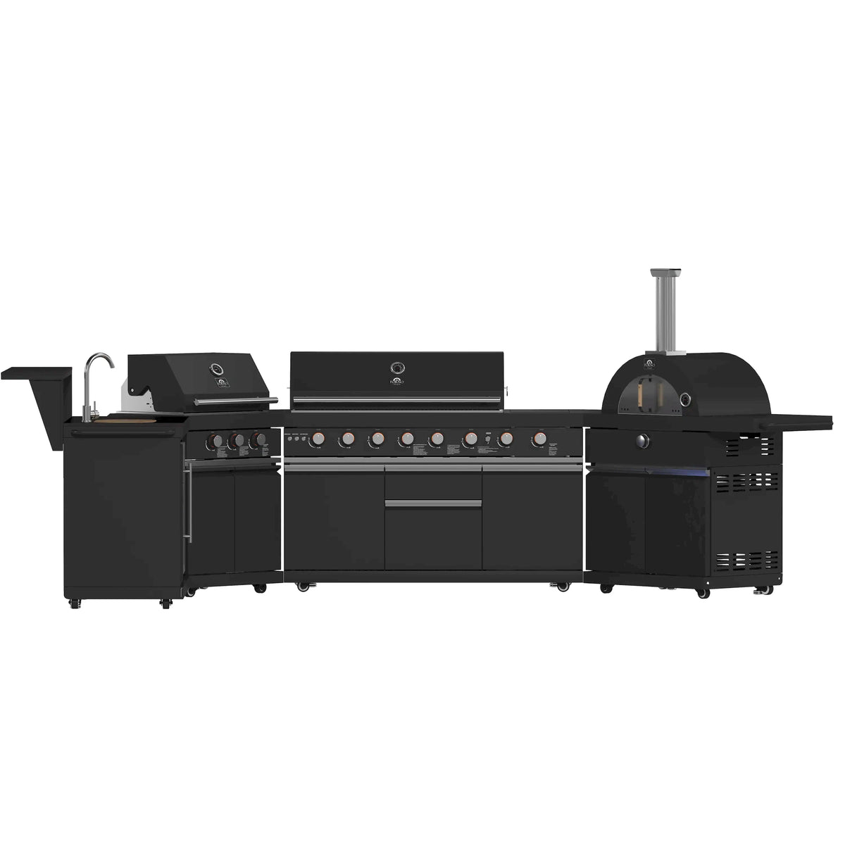 Black outdoor kitchen grill with long control panel, side burner, and side cabinets