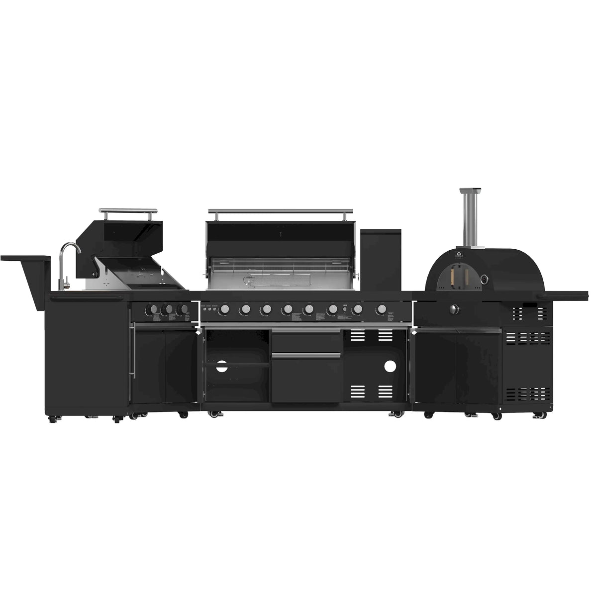 Black outdoor kitchen grill cart with multiple burners, cabinet doors, and side modules