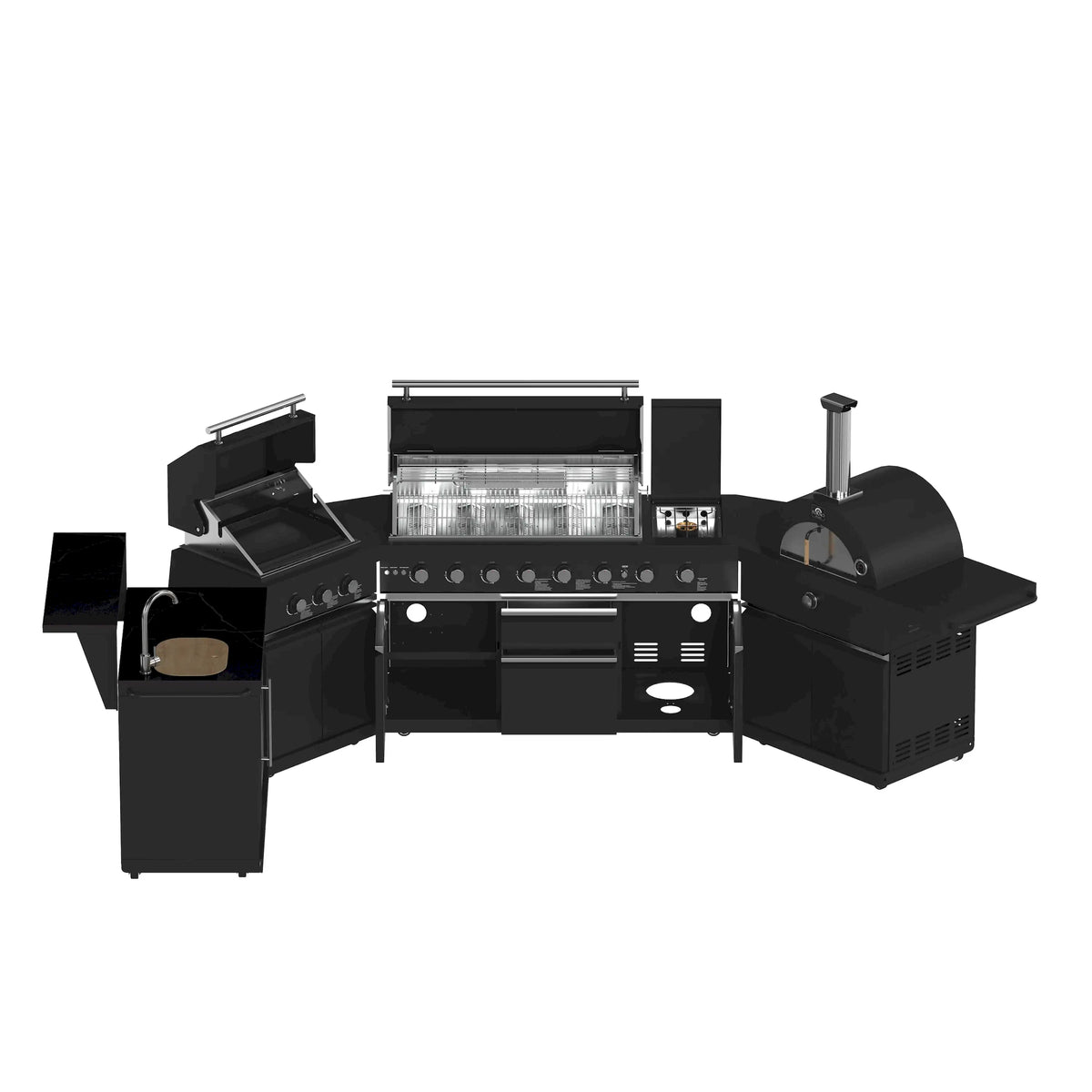 Open black gas grill with warming area and multiple burners, side plancha module visible