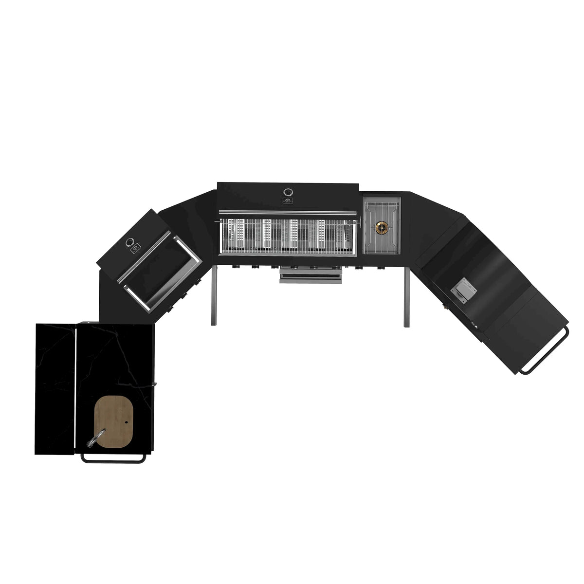 Black modular outdoor grill with open hood and side pizza/plancha compartments