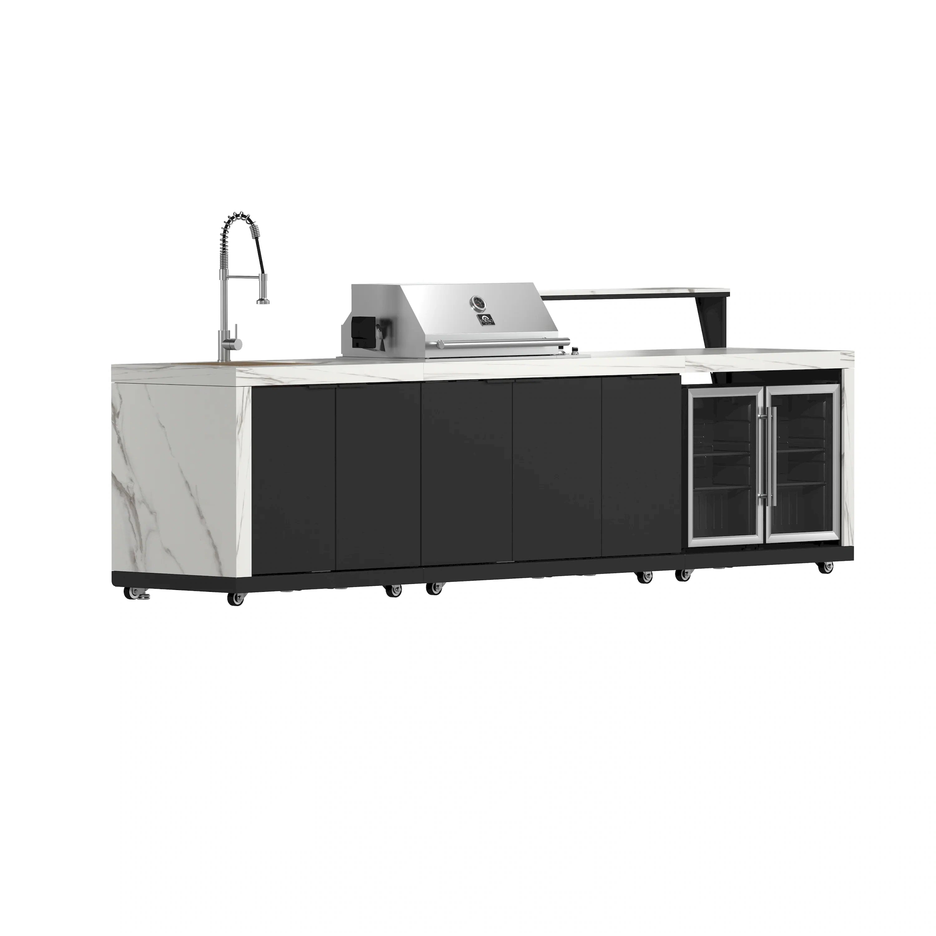 Outdoor stainless steel BBQ grill with sink and faucet, black cabinet, white countertop