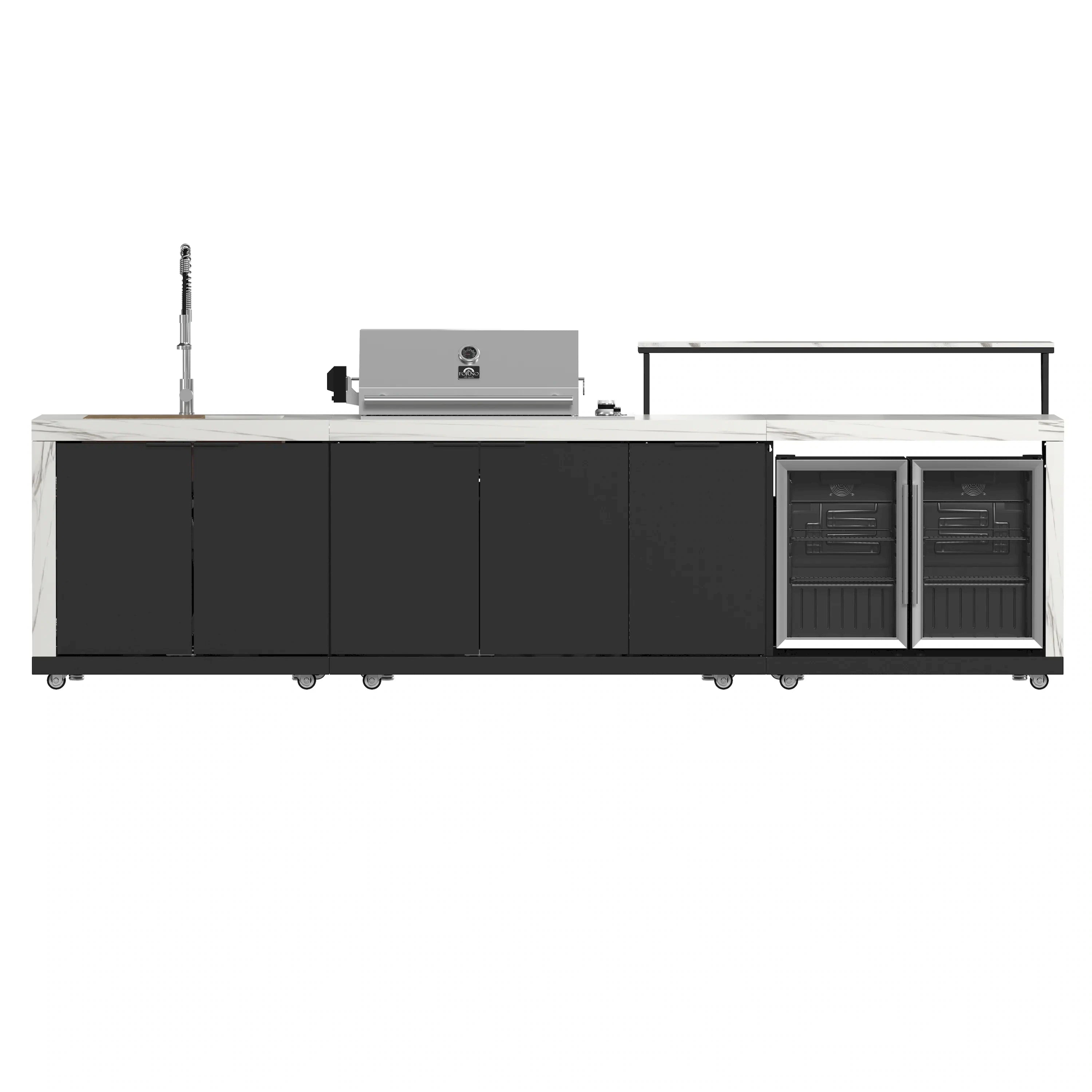 Outdoor stainless steel BBQ grill with black doors and open-top cooking area