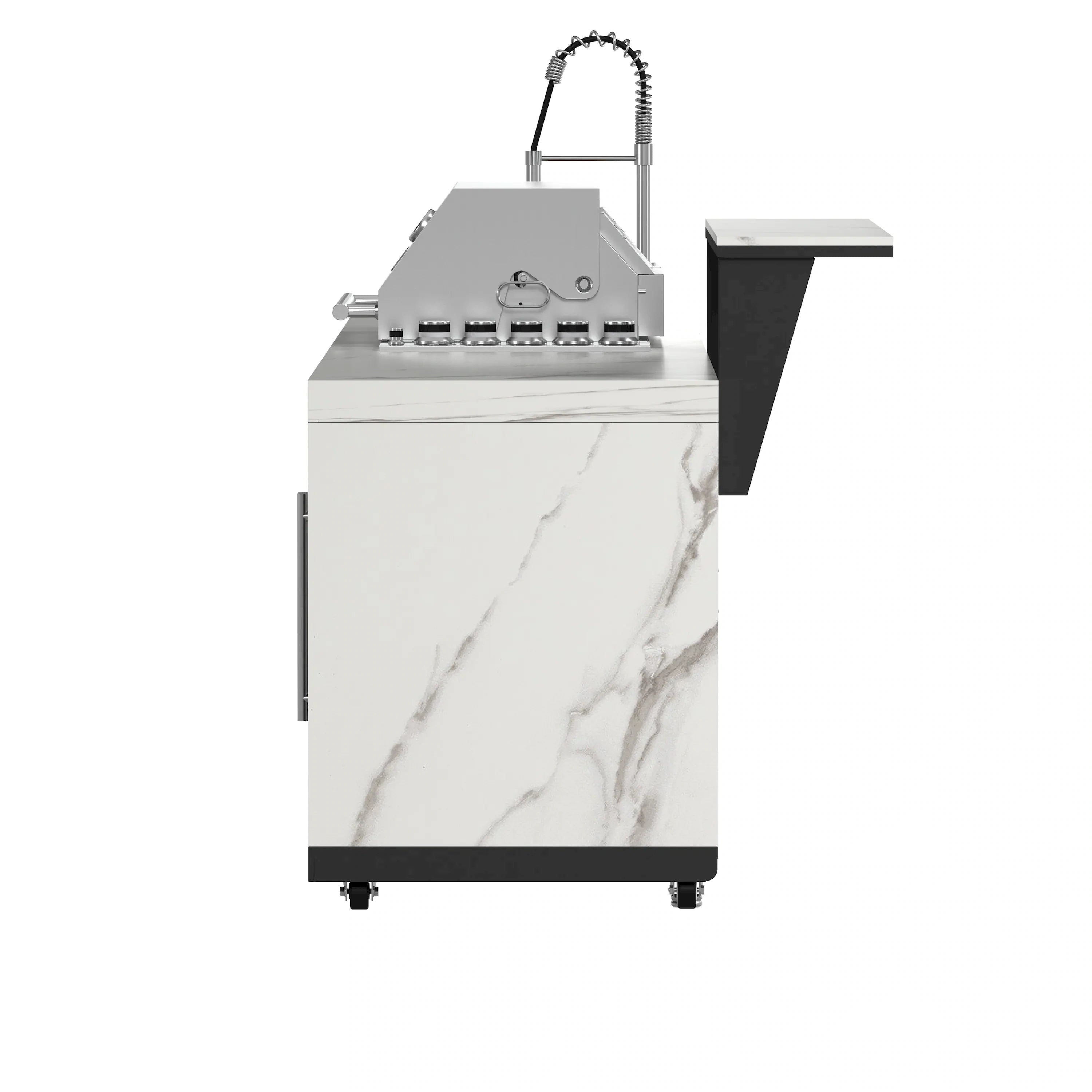 Outdoor BBQ grill island with stainless grill, chrome faucet, and white marble-style cabinet.