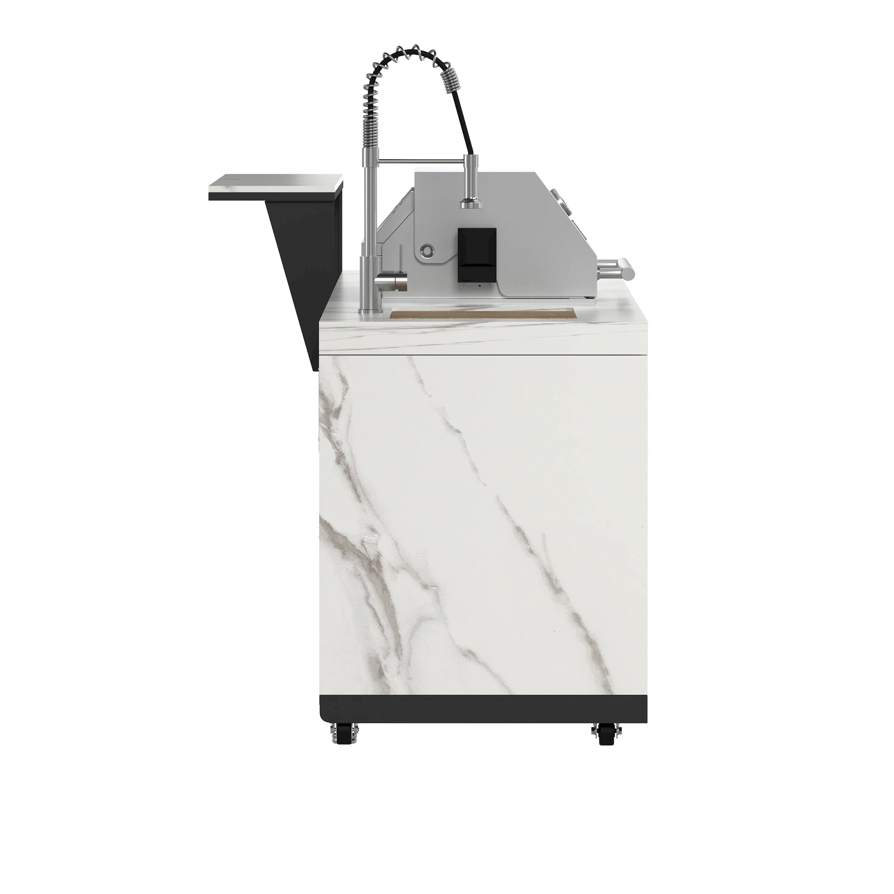 Outdoor BBQ grill island corner view with chrome faucet and white marble-style base.