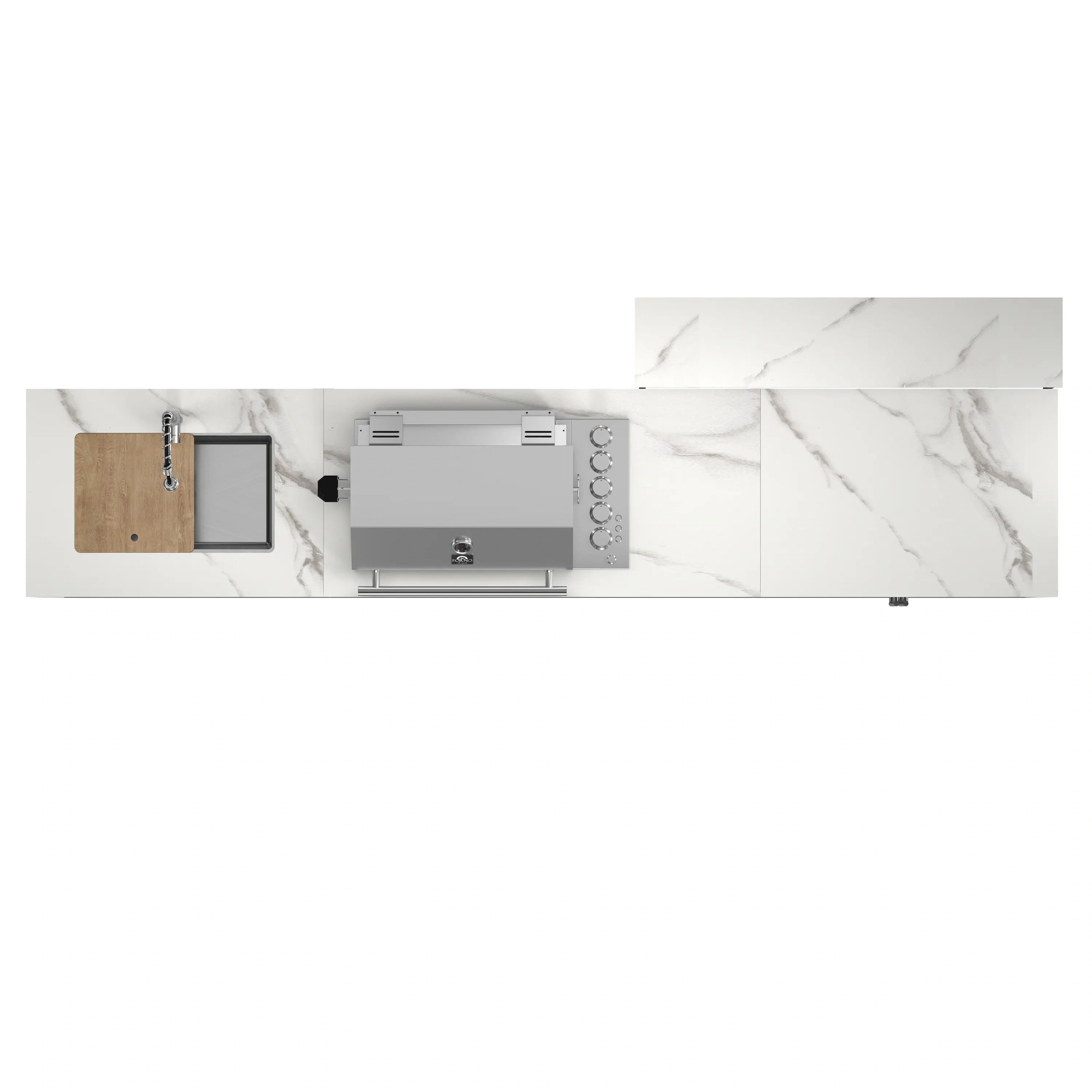 Outdoor BBQ grill with stainless hood and marble-style white countertop panels