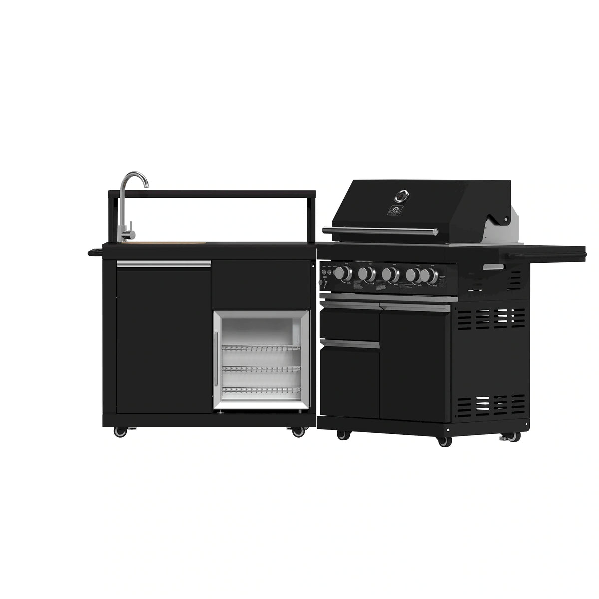 Black BBQ grill cart with open side storage door and sink faucet module