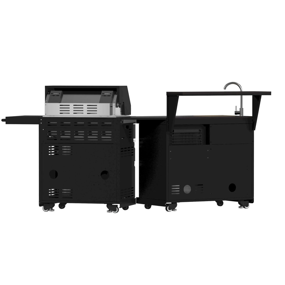 Black BBQ grill cart showing open lids and back ventilation grilles