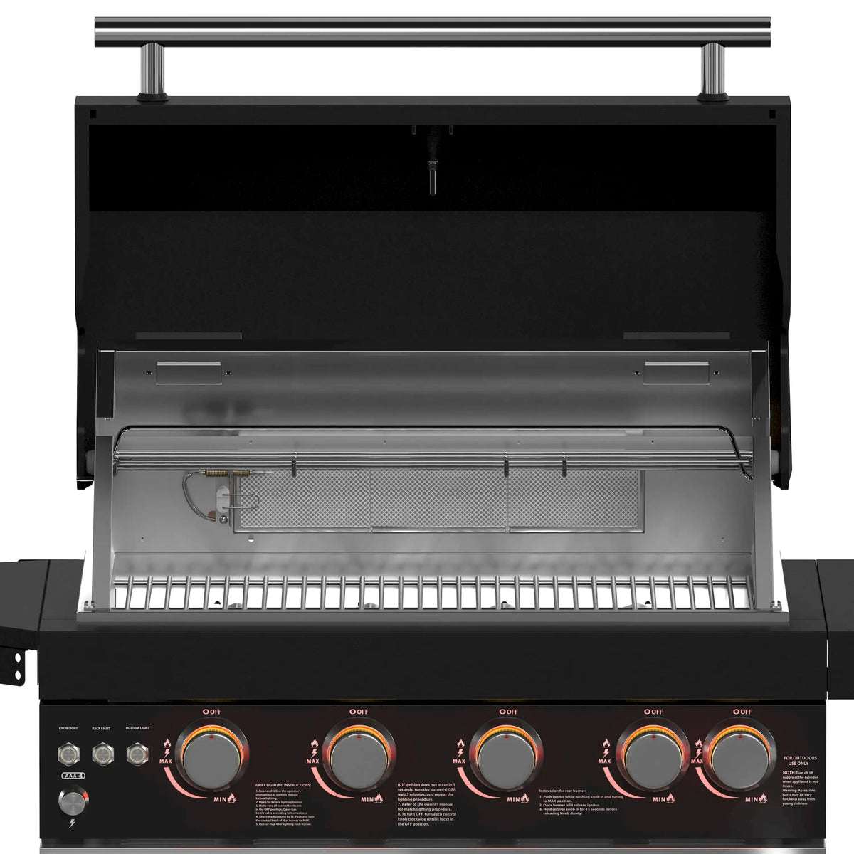 Open cooking chamber of a black gas grill with stainless interior and warming rack