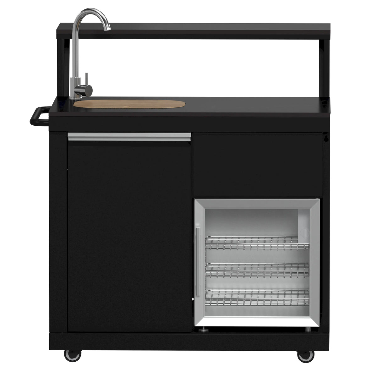 Black BBQ cart with sink faucet and open beverage cooler door with shelves
