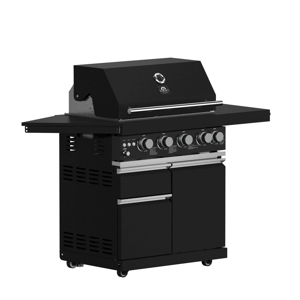 Black outdoor BBQ grill cart with stainless burners and side cabinet doors