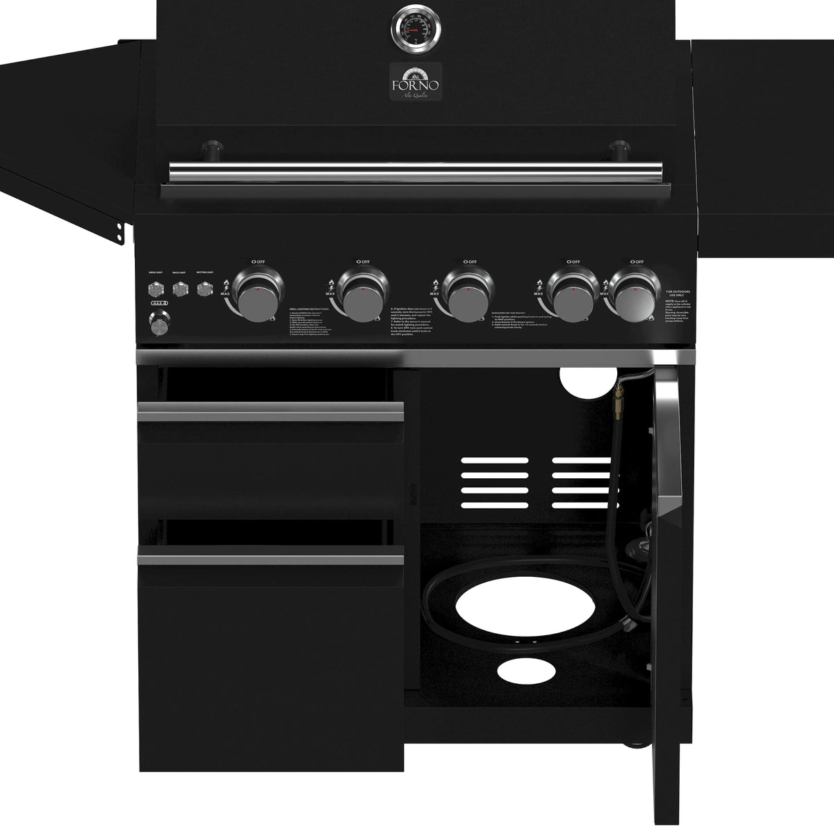 Black grill with front access door open and control knobs on the console