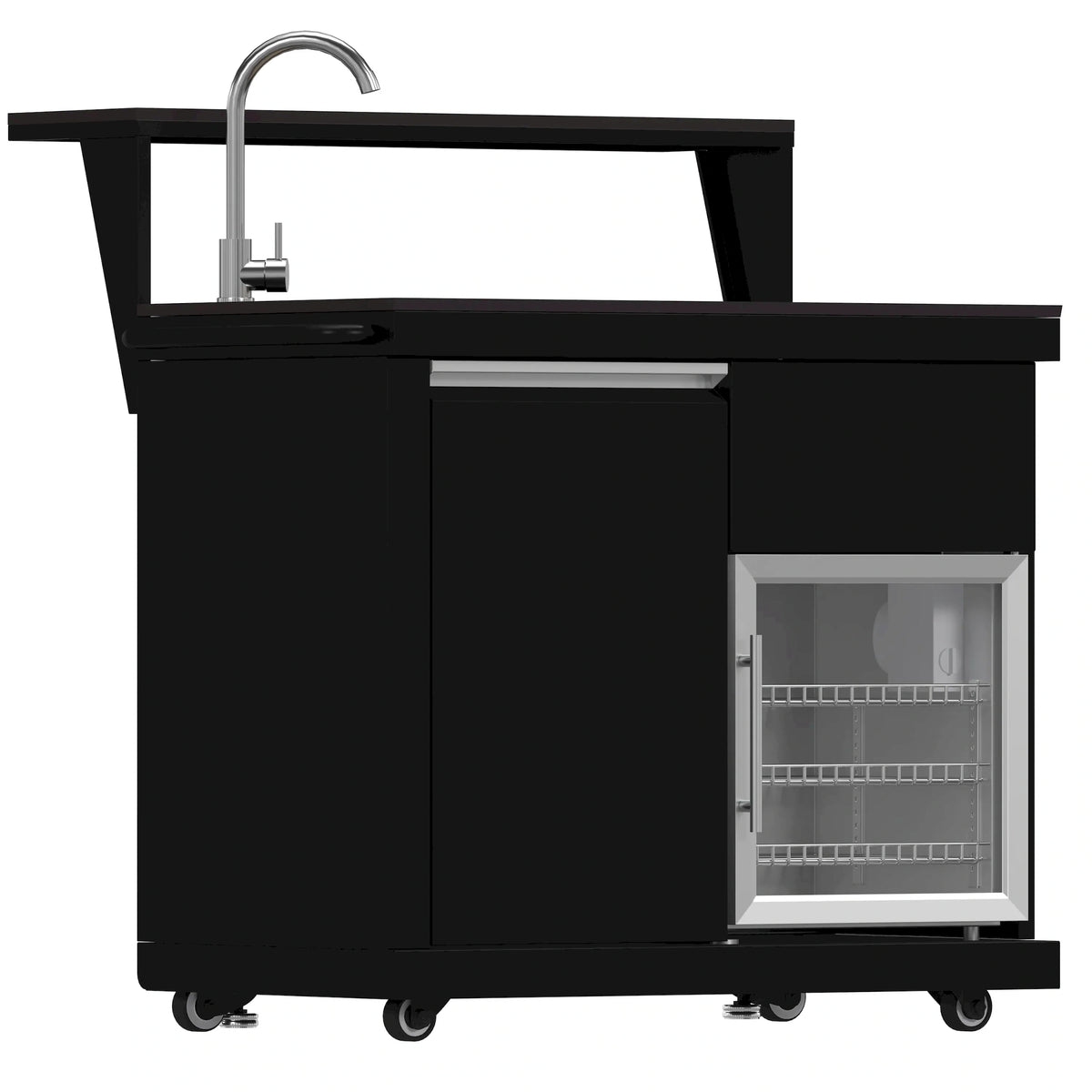 Black BBQ sink cabinet with open door and light interior shelving racks