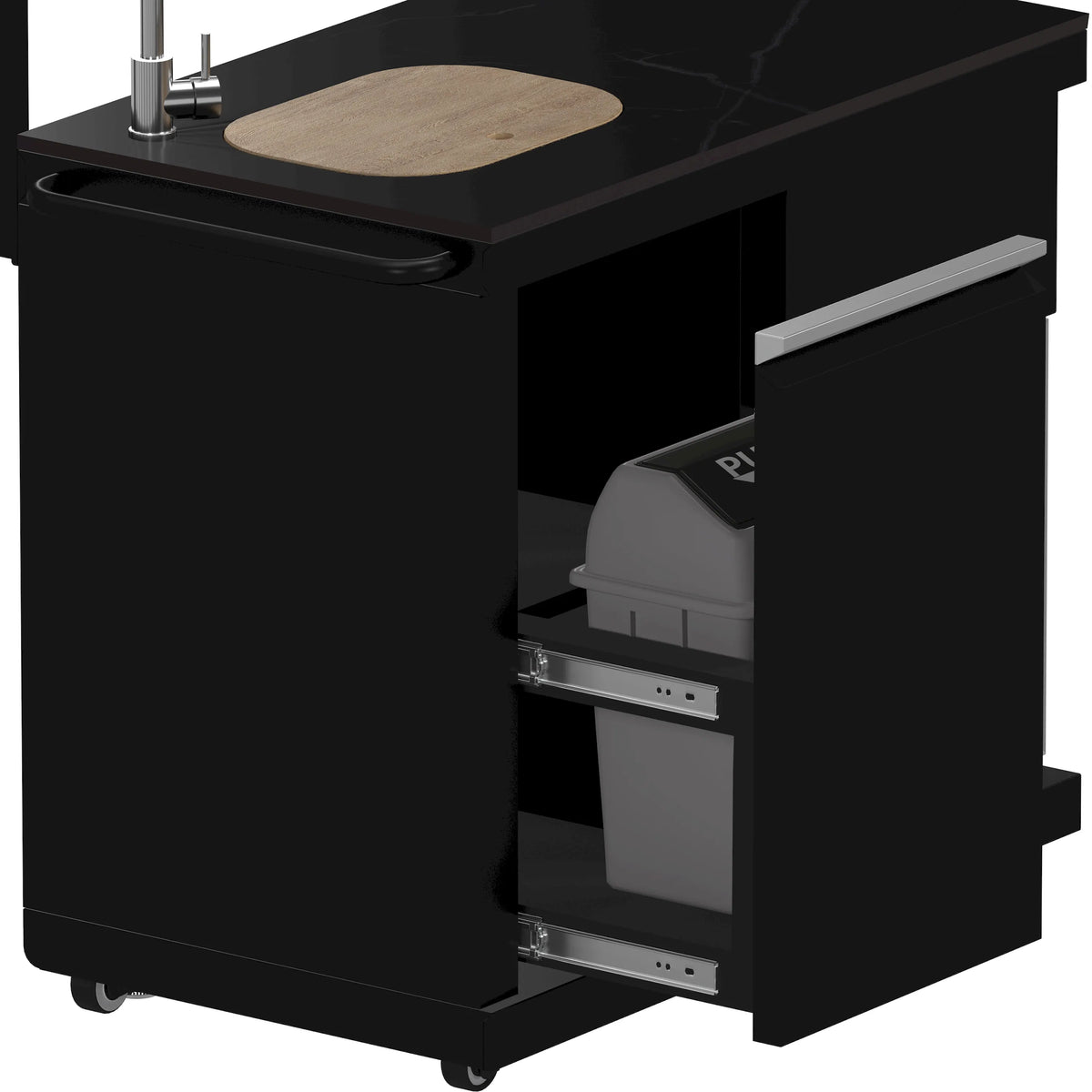 Black BBQ grill cart with open side module and built-in utility openings