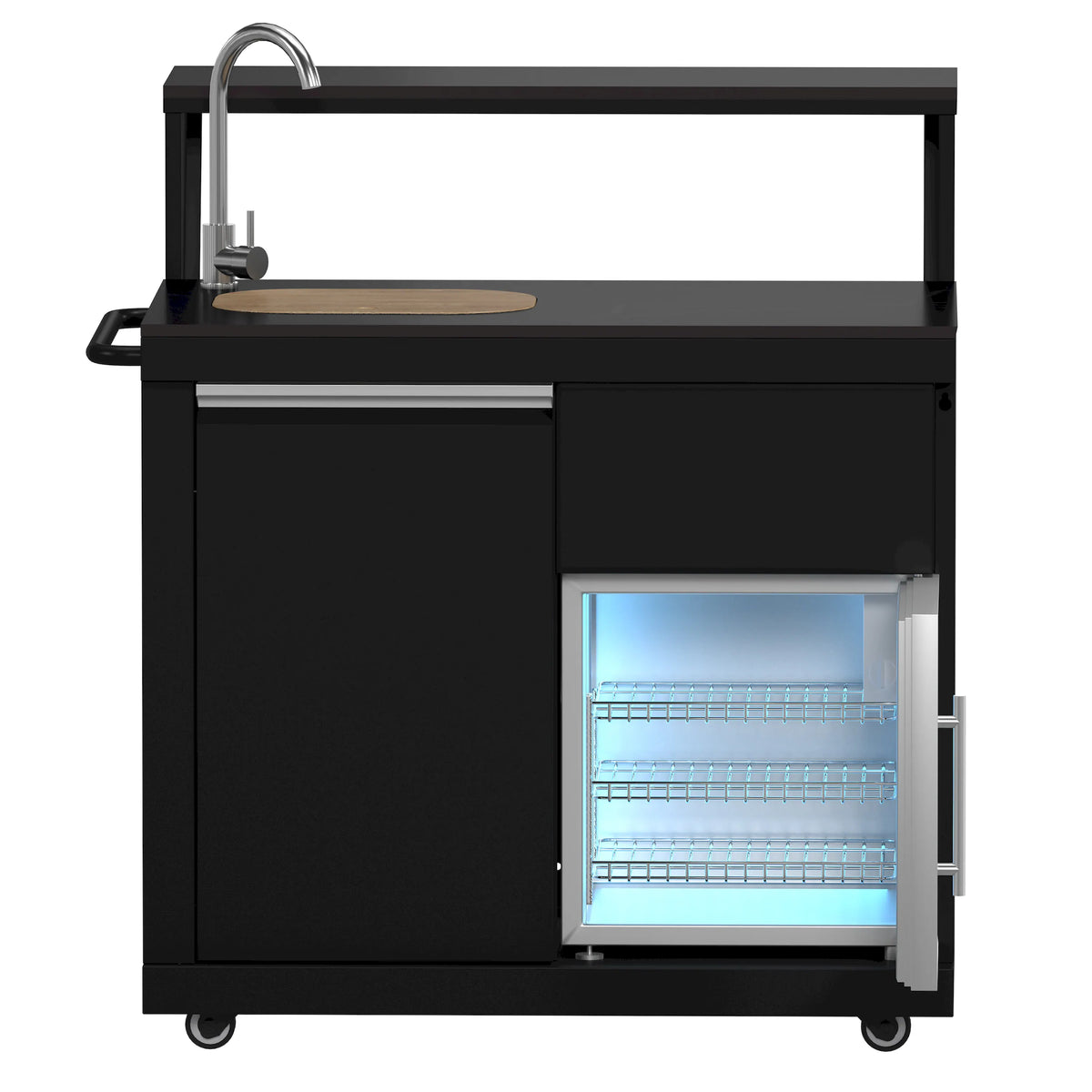 Black BBQ cart with lit beverage cooler door and sink faucet