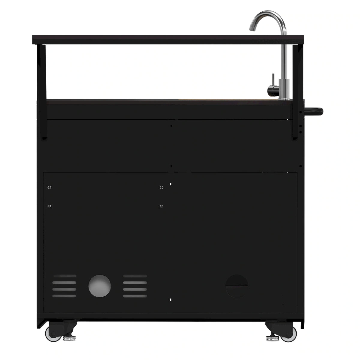 Black grill rear panel with handle bar, vents, and caster wheels