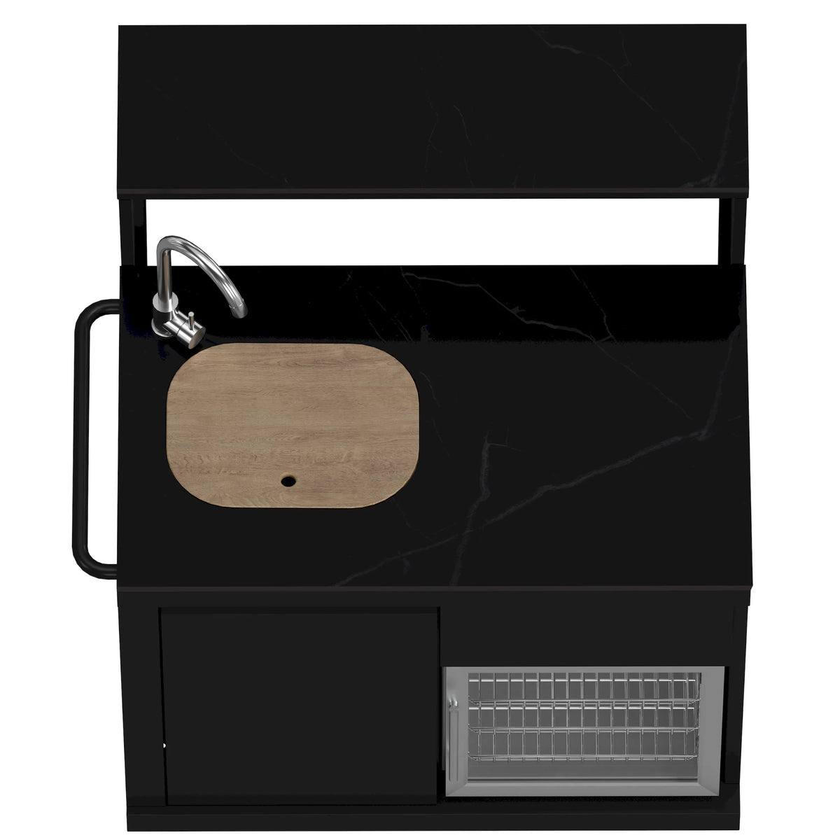 Black BBQ sink module with stone countertop and curved chrome faucet