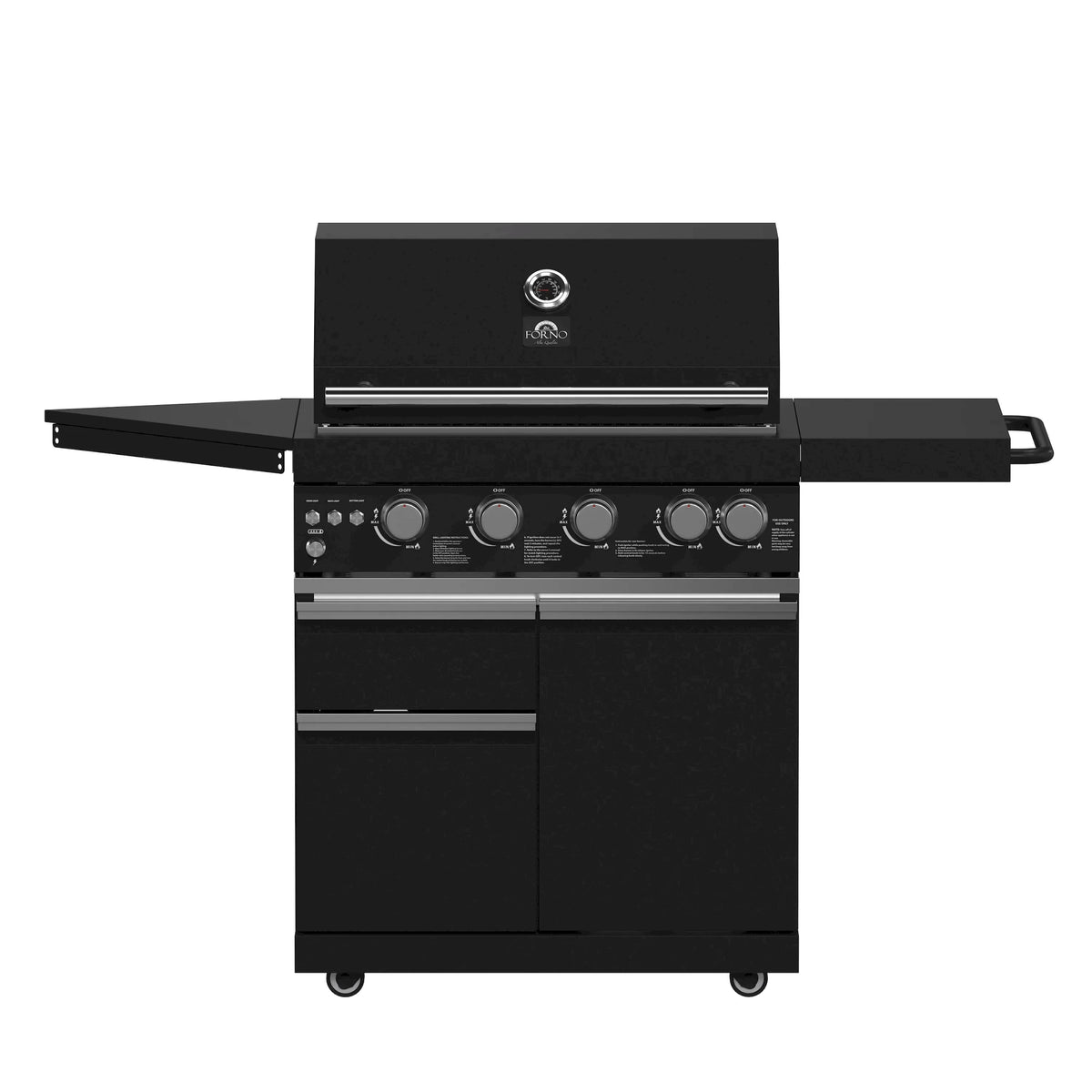 Black BBQ grill with control knobs, side shelf, and stainless top cover