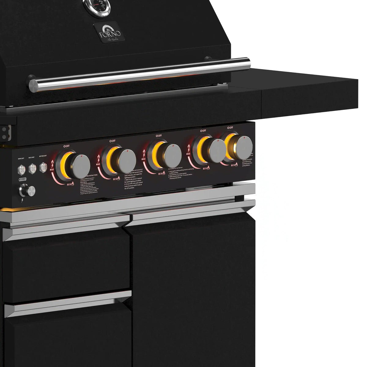 Black grill control panel with illuminated burner knobs and stainless control rails