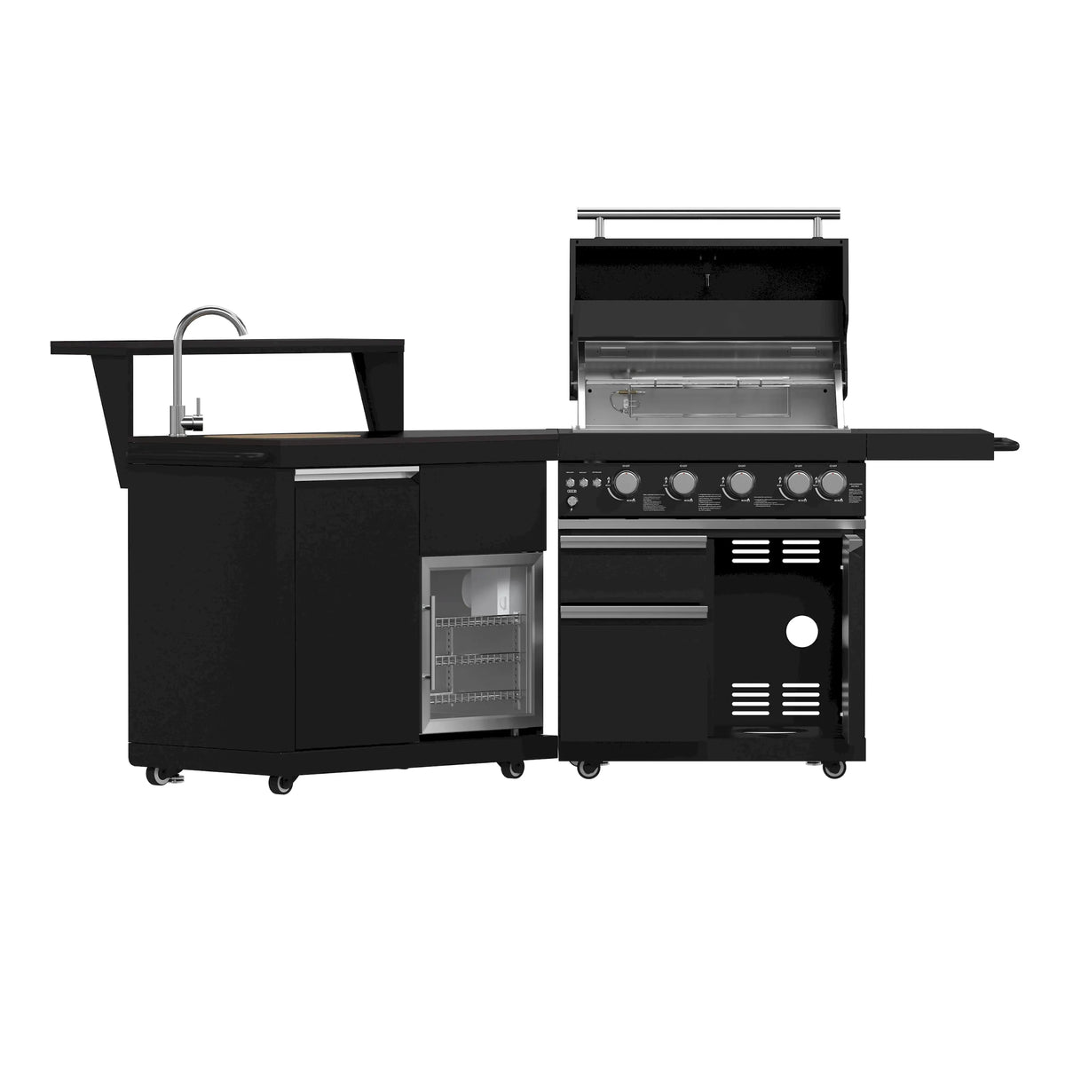 Black BBQ grill and sink cabinet with open panels and interior storage racks