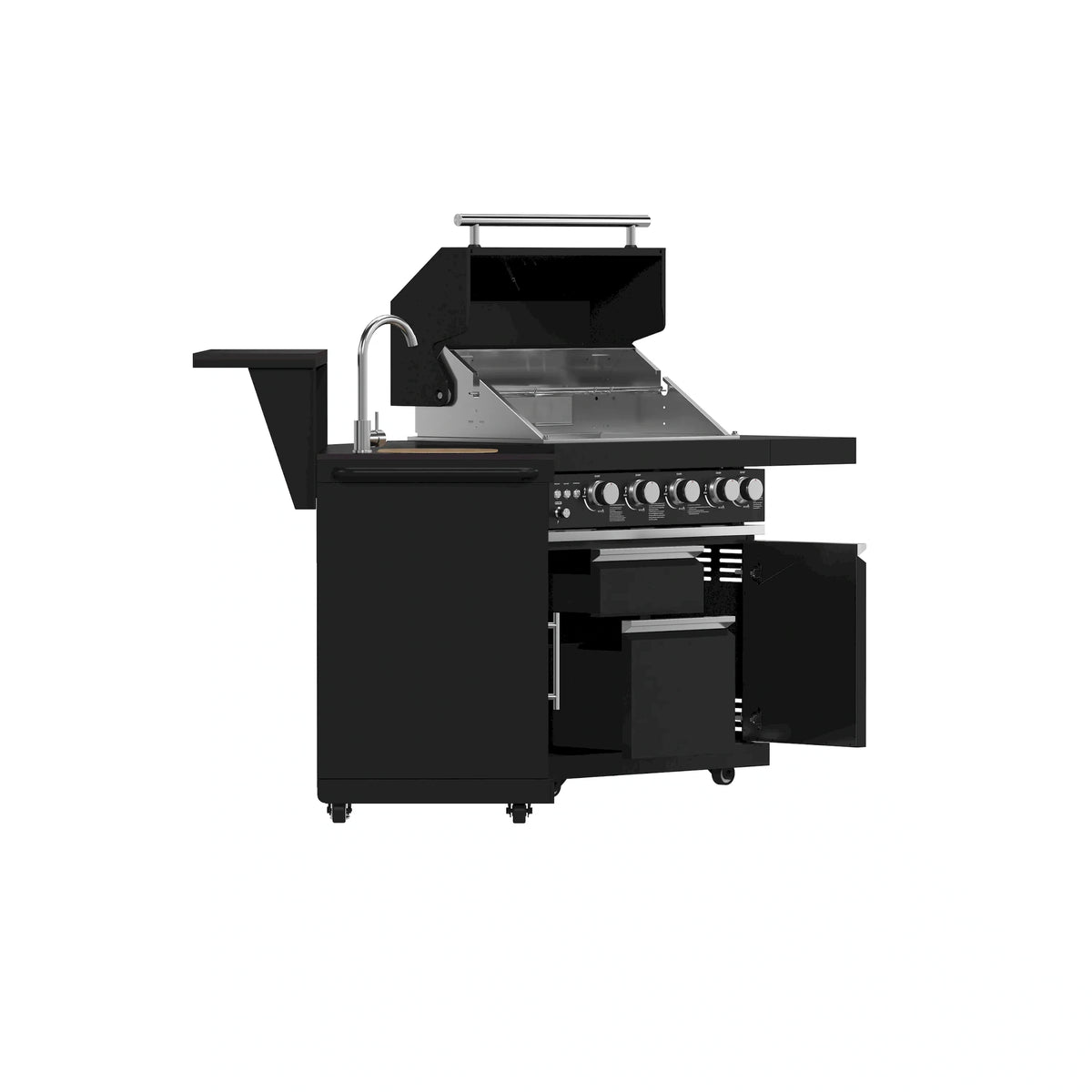 Black outdoor gas grill with open lid and stainless control panel