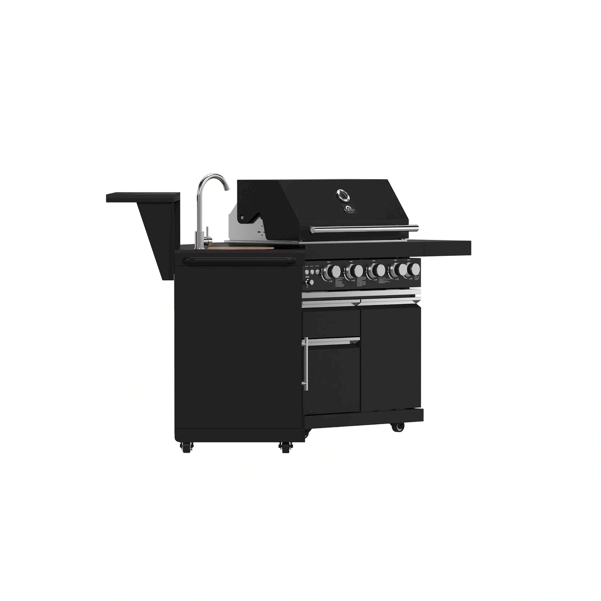 Black outdoor gas grill with closed lid and stainless burner controls