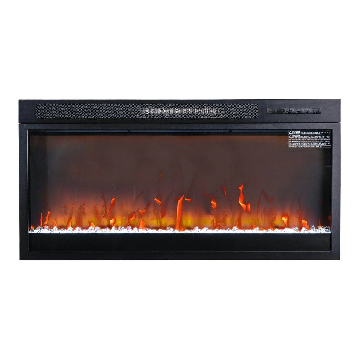 Black electric fireplace insert with visible flame effect behind glass
