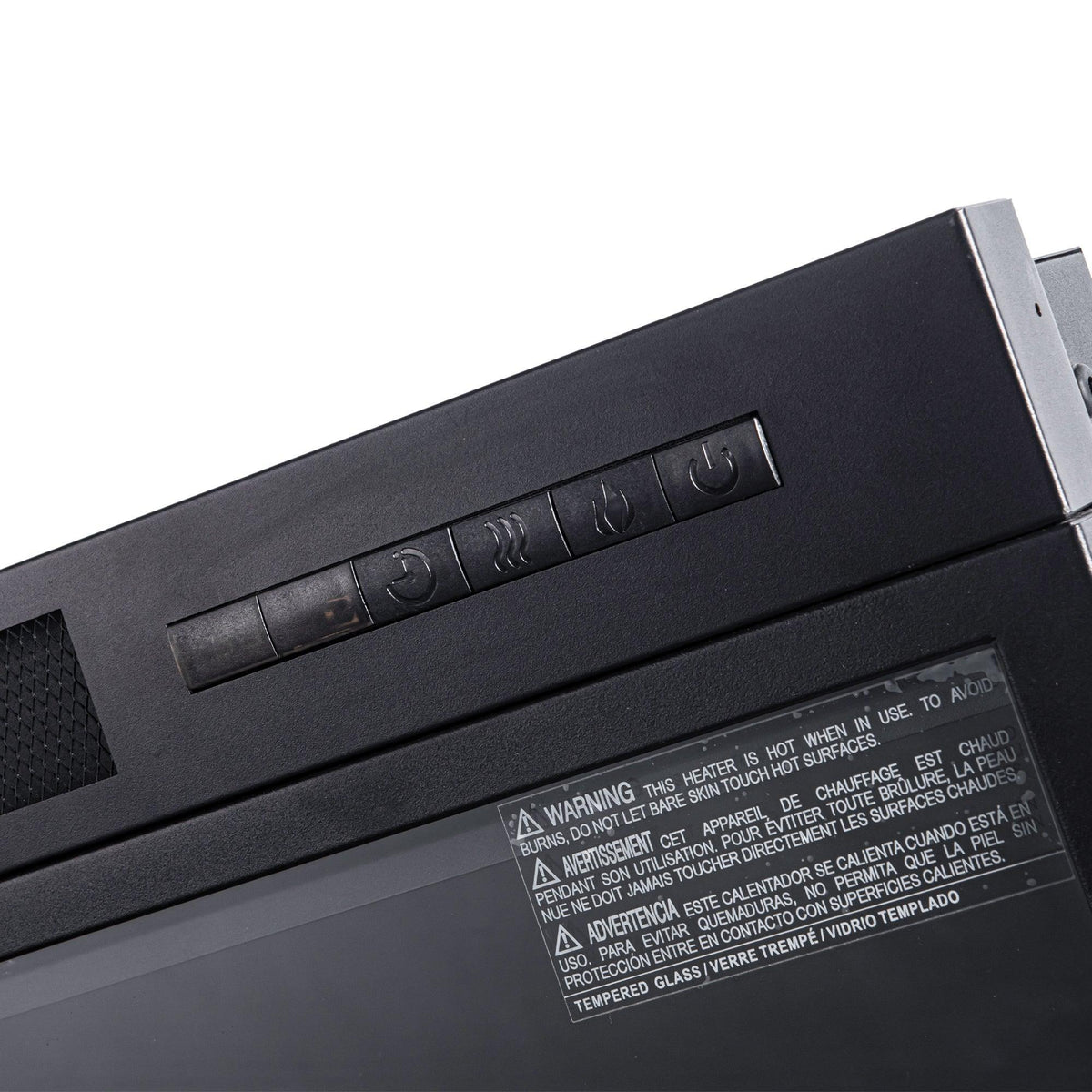 Black electric fireplace insert with built-in control panel and safety label